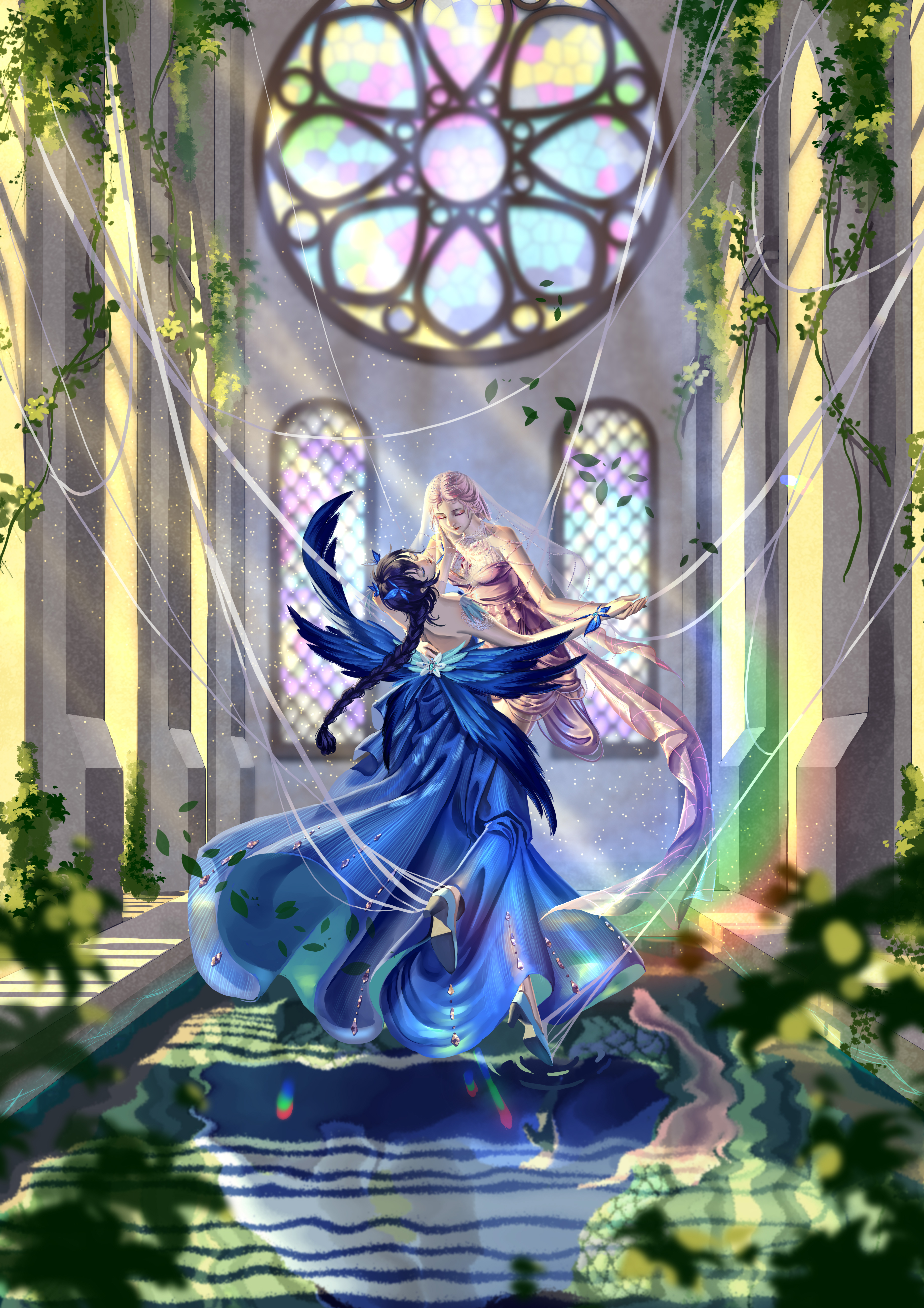 nikki (series), shining nikki, absurdres, highres, 2girls, aqunaqunyingfen, bare shoulders, black hair, blue dress, blue wings, blue wrist cuffs, braid, breasts, butterfly wings, cleavage, dancing, day, dress, floating, full body, gown, happy, holding hands, insect wings, jewelry, leaning back, lightweaving kiss (shining nikki), long dress, long hair, multiple girls, necklace, outdoors, pillar, pink dress, pink hair, plant, pool, sapphire dreaming (shining nikki), see-through clothes, see-through veil, silk, single braid, stained glass, standing, standing on liquid, strapless, strapless dress, veil, very long hair, vines, white veil, wings, wrist cuffs