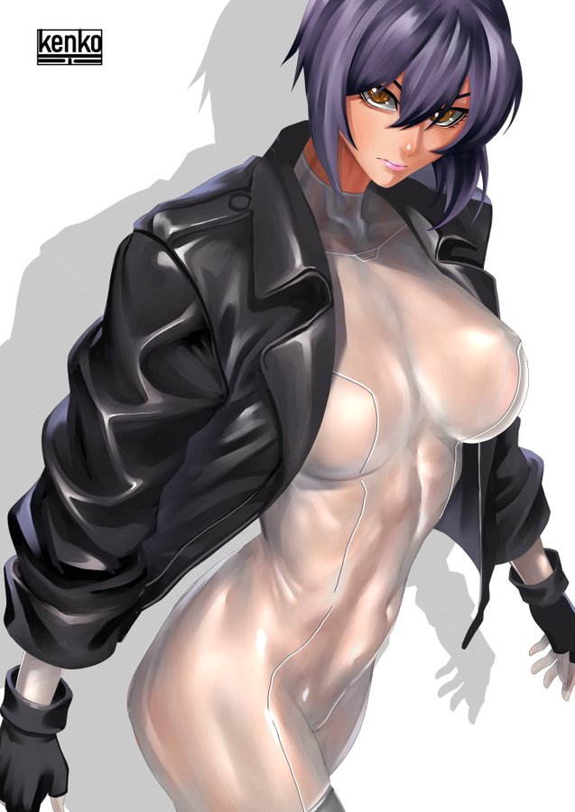 kusanagi motoko, ghost in the shell, commentary, 1girl, abs, black gloves, black jacket, breasts, bujiankang, drop shadow, fingerless gloves, gloves, jacket, purple hair, short hair, solo, toned, toned female, white background
