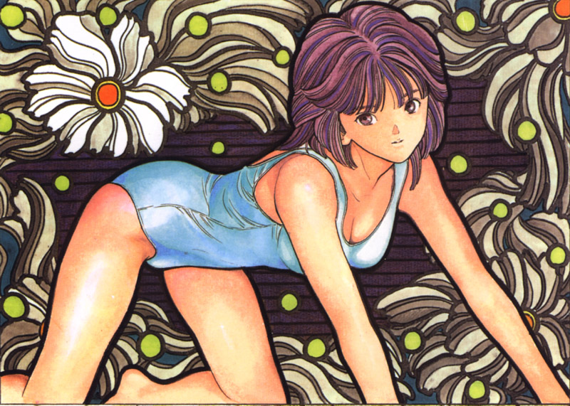 hayakawa moemi, den'ei shoujo, breasts, brown eyes, brown hair, cleavage, flower, leotard