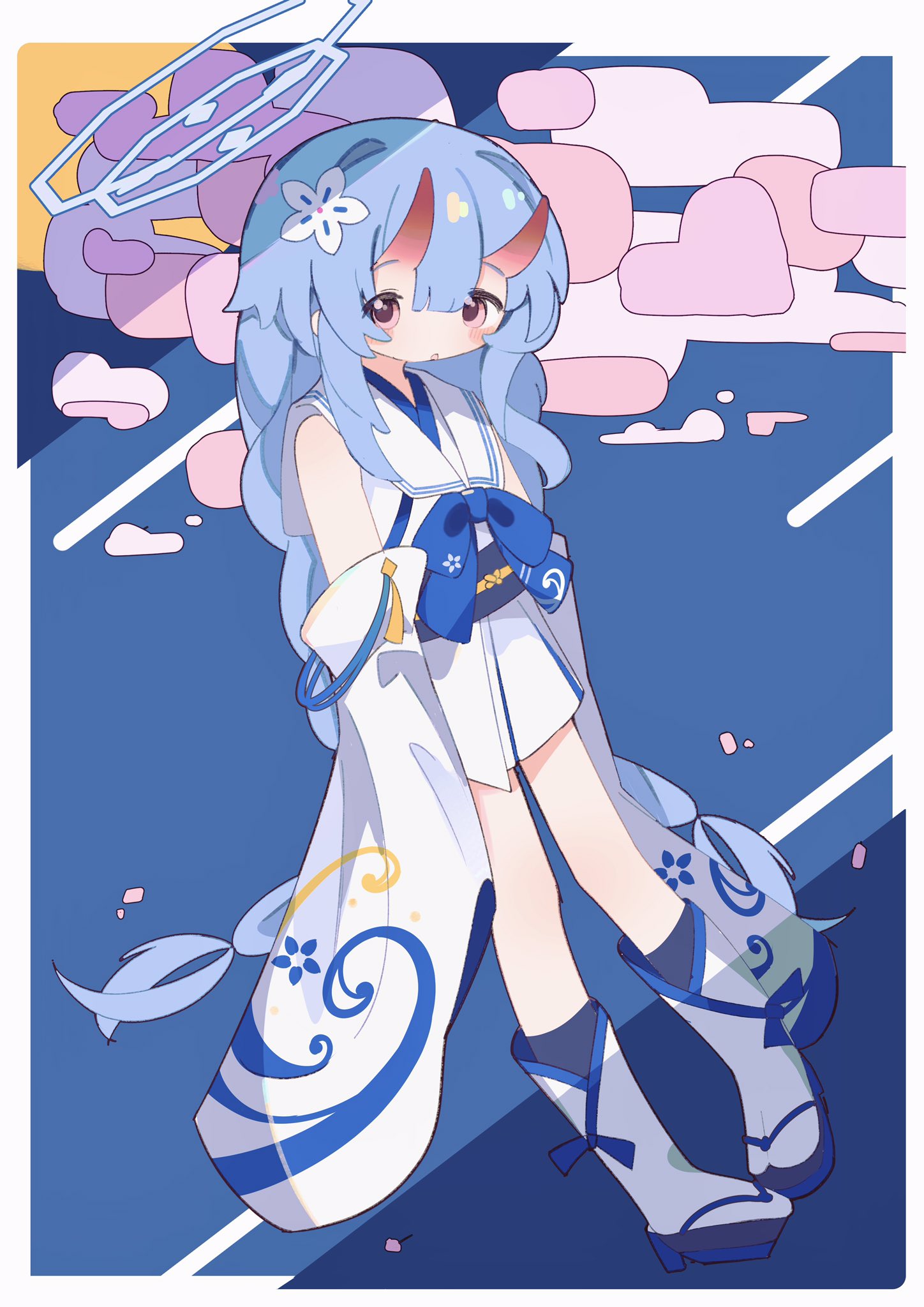 user wyxr8822, chise (blue archive), blue archive, highres, 1girl, blue hair, blue halo, braid, breasts, flower, full body, gradient horns, hair flower, hair ornament, halo, horns, japanese clothes, long hair, looking at viewer, low twin braids, low twintails, multicolored horns, oni, open mouth, red eyes, red horns, sideless kimono, skin-covered horns, solo, twin braids, twintails