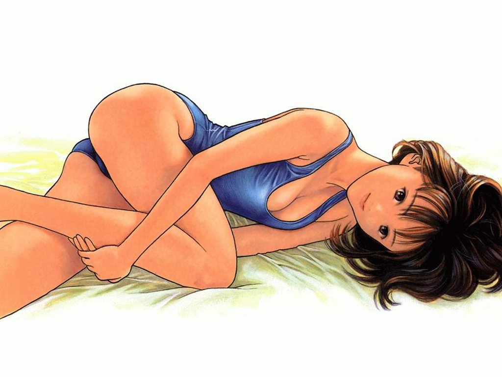 katsura masakazu, yoshizuki iori, i"s, official art, scan, tagme, 1girl, breasts, brown hair, cleavage, female focus, lying, one-piece swimsuit, smile, solo, swimsuit