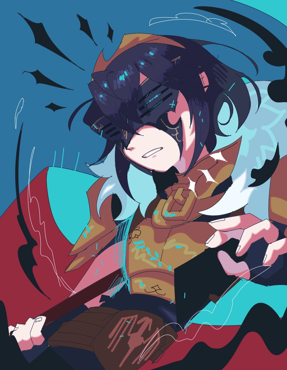 lucina (fire emblem), marth (fire emblem awakening), fire emblem, fire emblem awakening, fire emblem heroes, nintendo, highres, 1girl, armor, blue background, blue hair, brand of the exalt, breastplate, holding, holding polearm, holding weapon, marth (masked gladiator) (fire emblem awakening), mask, official alternate costume, polearm, short hair, solo, t1nal, tiara, weapon