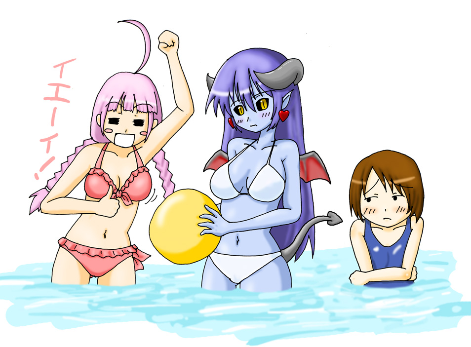 astaroth (shinrabanshou), we-tan, yamada-san, os-tan, shinrabanshou, tagme, 3girls, multiple girls, swimsuit, water