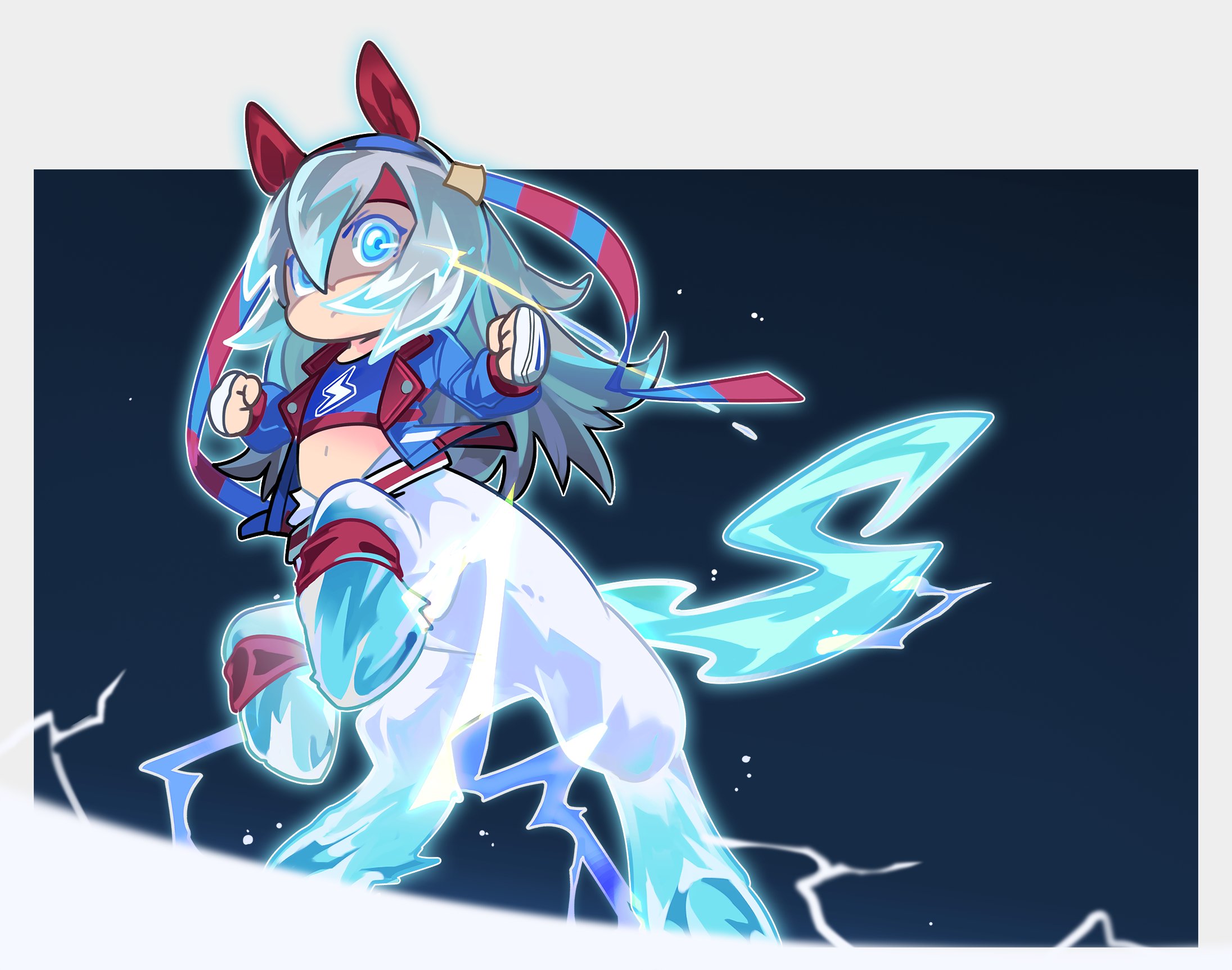 old-night, tamamo cross (umamusume), umamusume, highres, 1girl, animal ears, belt, blue eyes, blue hairband, blue jacket, blue shirt, centaur, clenched hands, closed mouth, crop top, ear covers, ear ornament, electricity, flat chest, full body, glowing, glowing eye, grey hair, hair between eyes, hairband, headband, horse ears, horse tail, jacket, lightning bolt print, long hair, long sleeves, looking at viewer, midriff, monster girl, monsterification, multiple legs, navel, open clothes, open jacket, rearing, red belt, red headband, shirt, sidelocks, solo, standing, striped clothes, striped hairband, tail, taur, very long hair