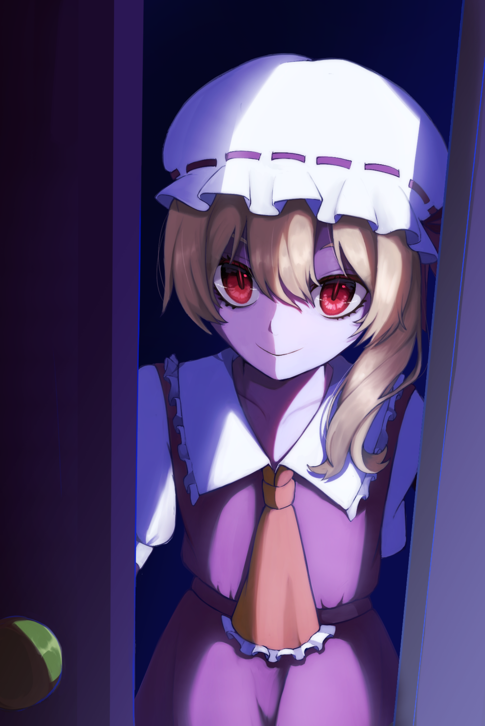 flandre scarlet, touhou, absurdres, commentary, highres, 1girl, arm behind back, ascot, blonde hair, closed mouth, collared shirt, contrast collar, frilled shirt collar, frills, hat, higashi yu, looking at viewer, mob cap, one side up, opening door, red eyes, red skirt, red vest, shirt, skirt, skirt set, smile, solo, vest, white hat, white shirt, yellow ascot