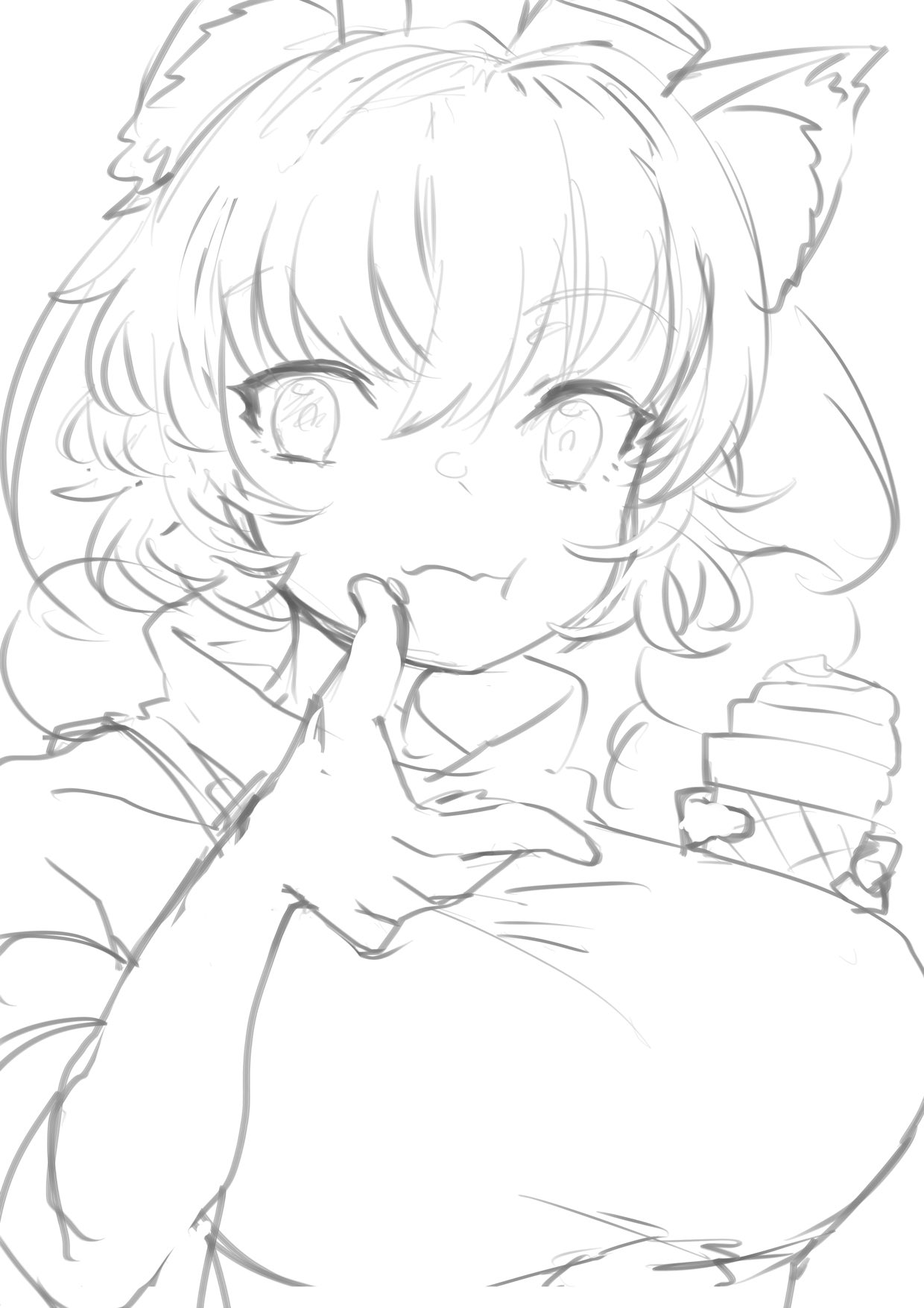 yoyoiro (sysi20), inubashiri momiji, touhou, commentary request, highres, 1girl, :s, animal ear fluff, animal ears, arm up, breasts, closed mouth, crossed bangs, detached sleeves, eating, hat, holding, holding ice cream cone, ice cream cone, large breasts, lineart, long sleeves, messy hair, puffy cheeks, shirt, short hair, solo, tokin hat, upper body, white shirt, wide sleeves, wolf ears, wolf girl