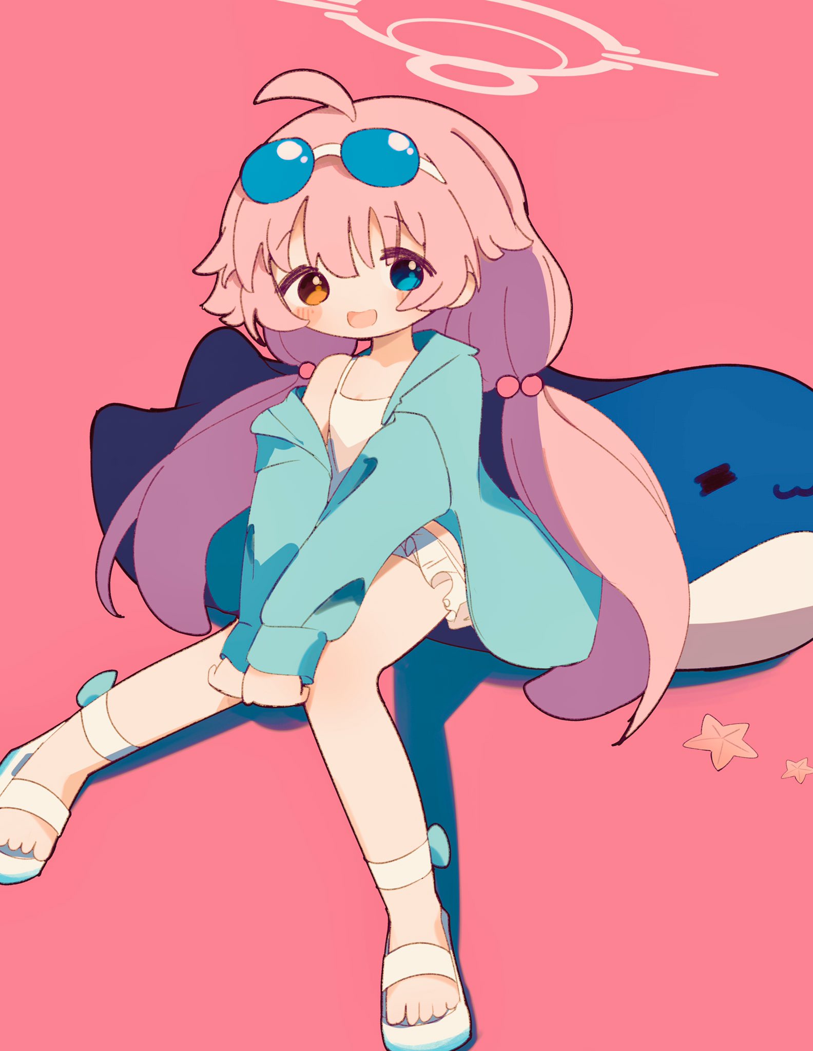 user wyxr8822, hoshino (blue archive), hoshino (swimsuit) (blue archive), blue archive, highres, 1girl, ahoge, bikini, blue-tinted eyewear, blue eyes, blush, eyewear on head, frilled bikini, frills, hair ornament, halo, heterochromia, inflatable toy, inflatable whale, long hair, looking at viewer, low twintails, official alternate costume, open mouth, pink hair, solo, sunglasses, swimsuit, tinted eyewear, twintails, white bikini