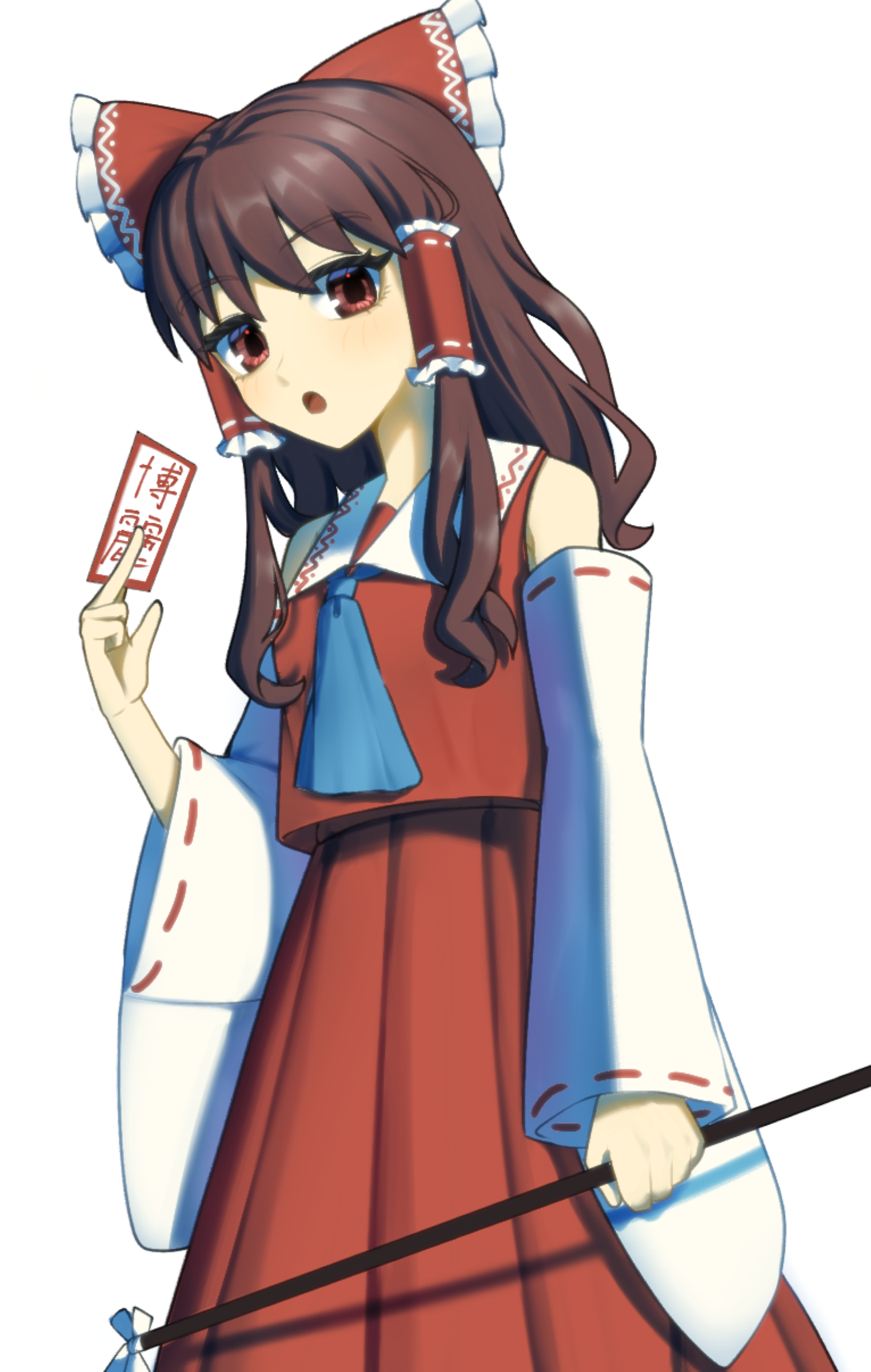 hakurei reimu, touhou, absurdres, commentary, highres, 1girl, ascot, between fingers, blue ascot, bow, brown hair, detached sleeves, frilled bow, frilled hair tubes, frills, gohei, hair bow, hair tubes, higashi yu, holding, holding gohei, long hair, looking at viewer, ofuda, ofuda between fingers, open mouth, pleated skirt, red bow, red eyes, red skirt, ribbon-trimmed sleeves, ribbon trim, simple background, skirt, skirt set, solo, white background