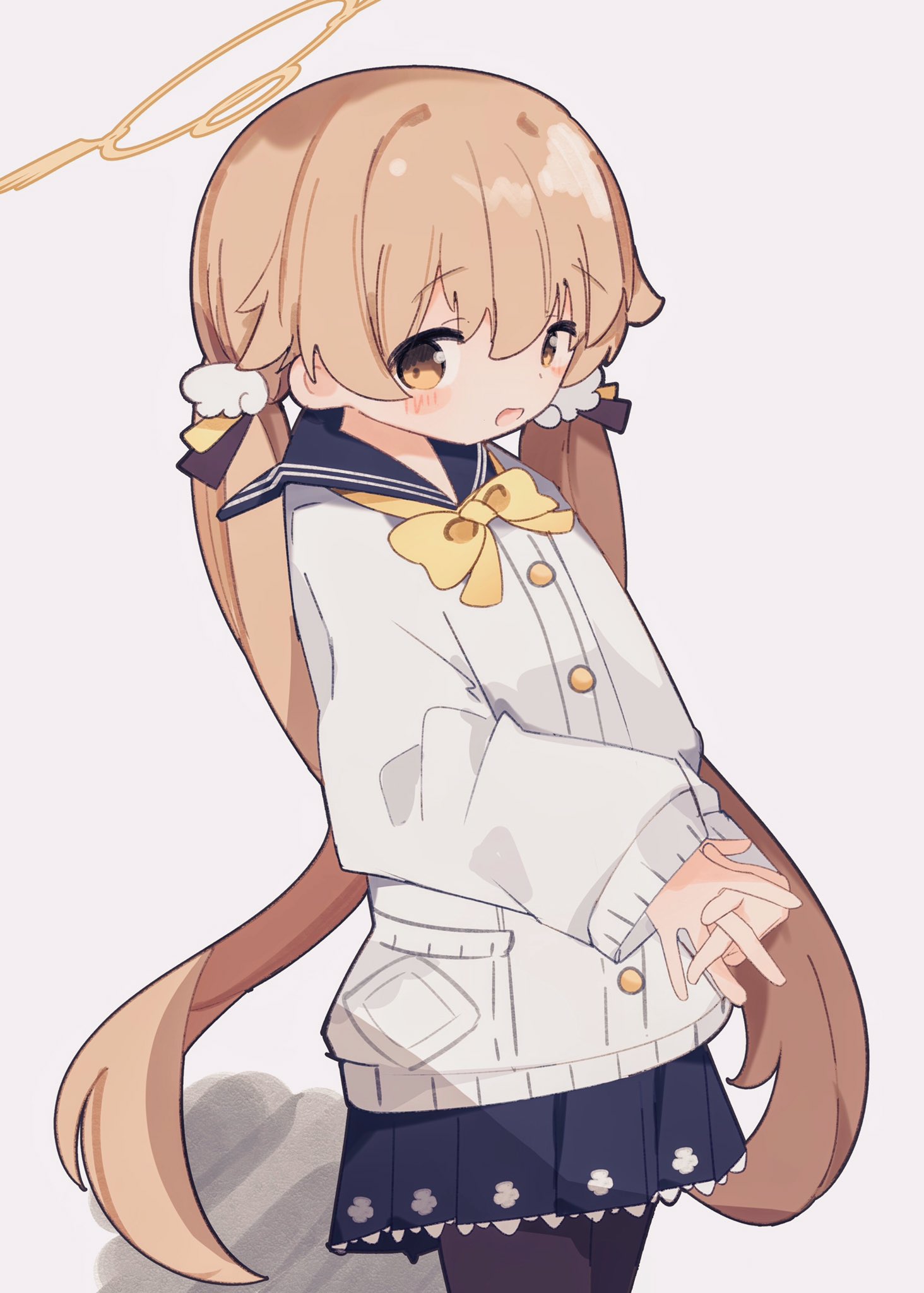 user wyxr8822, hifumi (blue archive), blue archive, highres, 1girl, blush, brown hair, hair between eyes, hair ornament, halo, long hair, long sleeves, looking at viewer, low twintails, open mouth, sailor collar, school uniform, simple background, skirt, smile, solo, twintails, yellow eyes, yellow halo