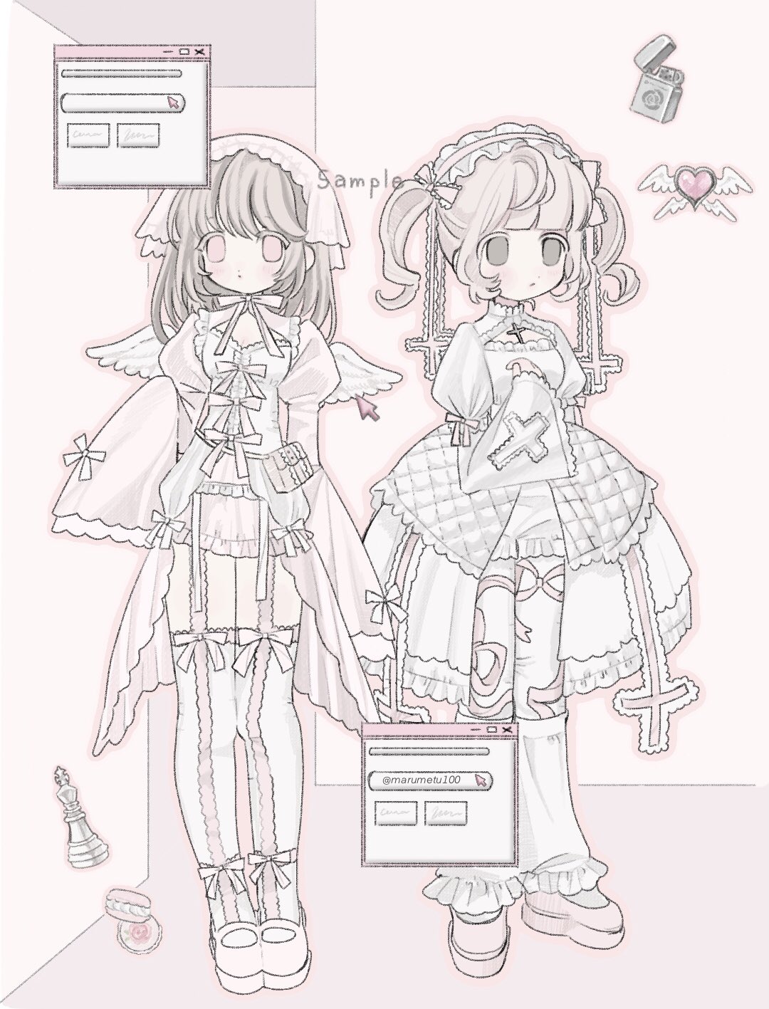 marumetu100, original, highres, 2girls, angel wings, bishop (chess), blonde hair, blunt bangs, blush, chess piece, cleavage cutout, clothing cutout, cursor, dress, drill hair, food, frilled dress, frilled leg warmers, frilled sleeves, frills, garter straps, grey eyes, grey hair, headdress, headscarf, heart, juliet sleeves, leg warmers, lighter, lolita fashion, long hair, long sleeves, macaron, multiple girls, pantyhose, pink eyes, pink shoes, platform heels, platform shoes, pouch, print pantyhose, puffy sleeves, shoes, short dress, short hair, showgirl skirt, sleeves past fingers, sleeves past wrists, thighhighs, twin drills, white dress, white headscarf, white leg warmers, white shoes, white thighhighs, white wings, wide sleeves, window (computing), wings