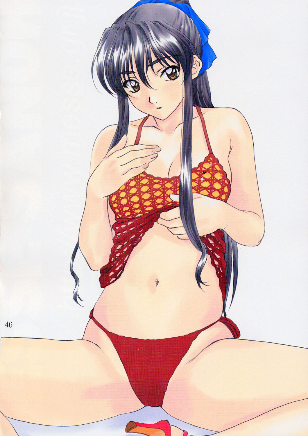 polorinken, highres, scan, tagme, 1girl, female focus, navel, sitting, solo