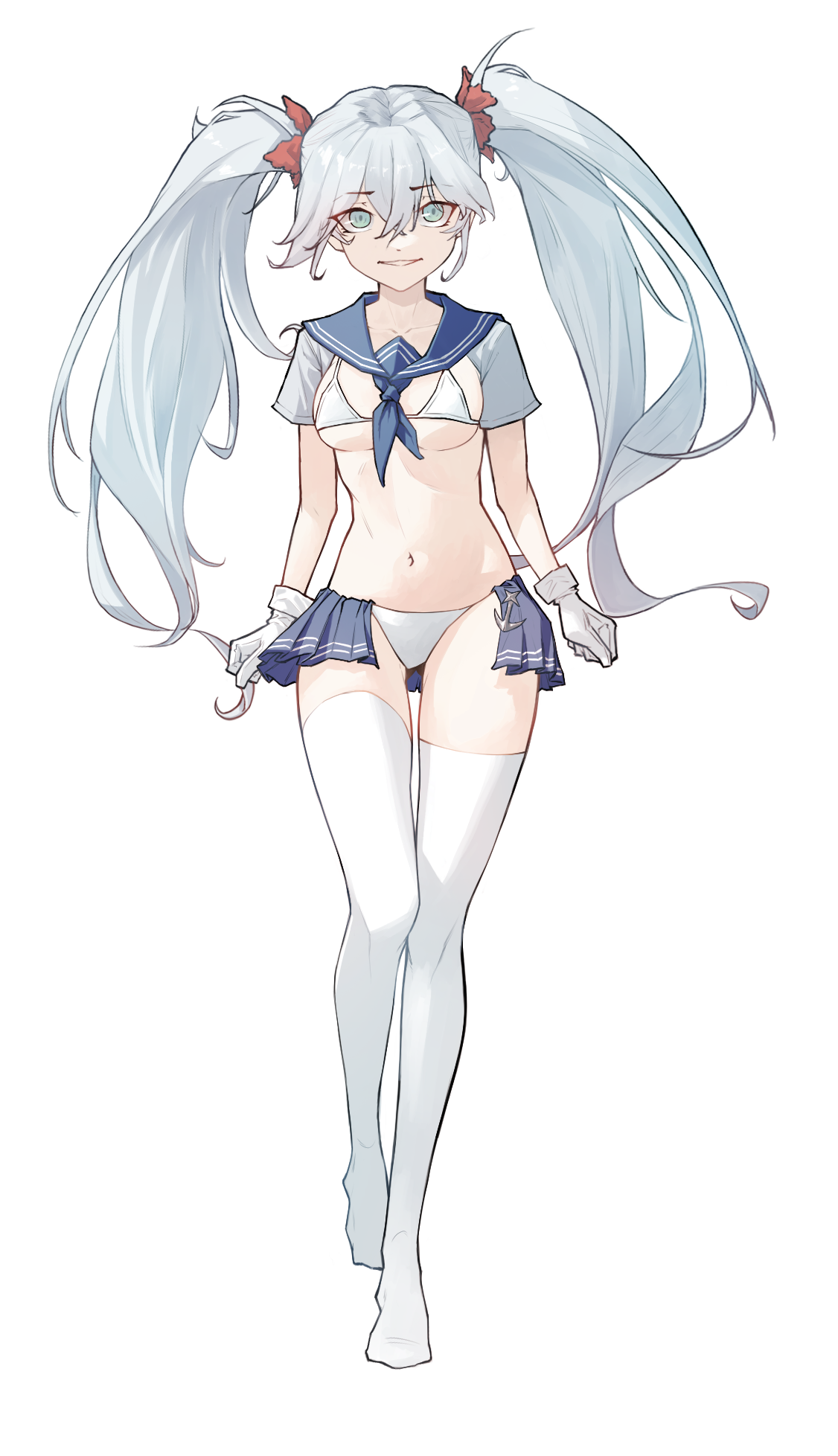 bubry (w3ird jo), original, highres, 1girl, anchor ornament, ascot, bikini, blue ascot, blue sailor collar, breasts, clenched hands, collarbone, crossed bangs, dot nose, double-parted bangs, facing viewer, frilled skirt, frills, full body, gloves, green eyes, grey hair, grin, hair ornament, hair scrunchie, long hair, looking at viewer, medium breasts, microskirt, navel, sailor collar, scrunchie, shirt, simple background, skirt, smile, solo, standing, standing on one leg, swimsuit, thighhighs, twintails, white background, white bikini, white gloves, white shirt, white thighhighs