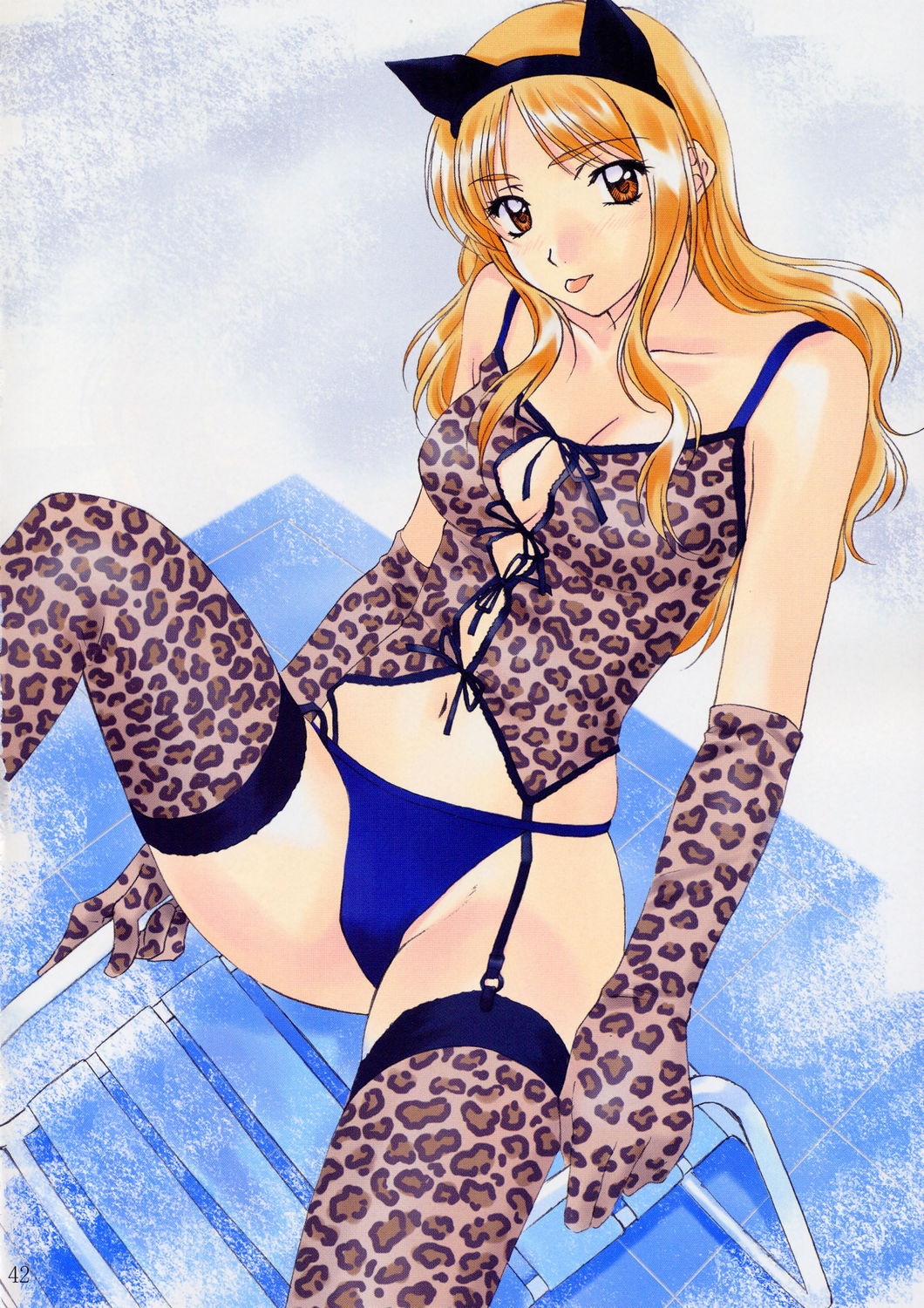 polorinken, highres, scan, tagme, 1girl, animal ears, animal print, blue panties, cat ears, elbow gloves, female focus, gloves, leopard print, panties, print thighhighs, solo, thighhighs, underwear