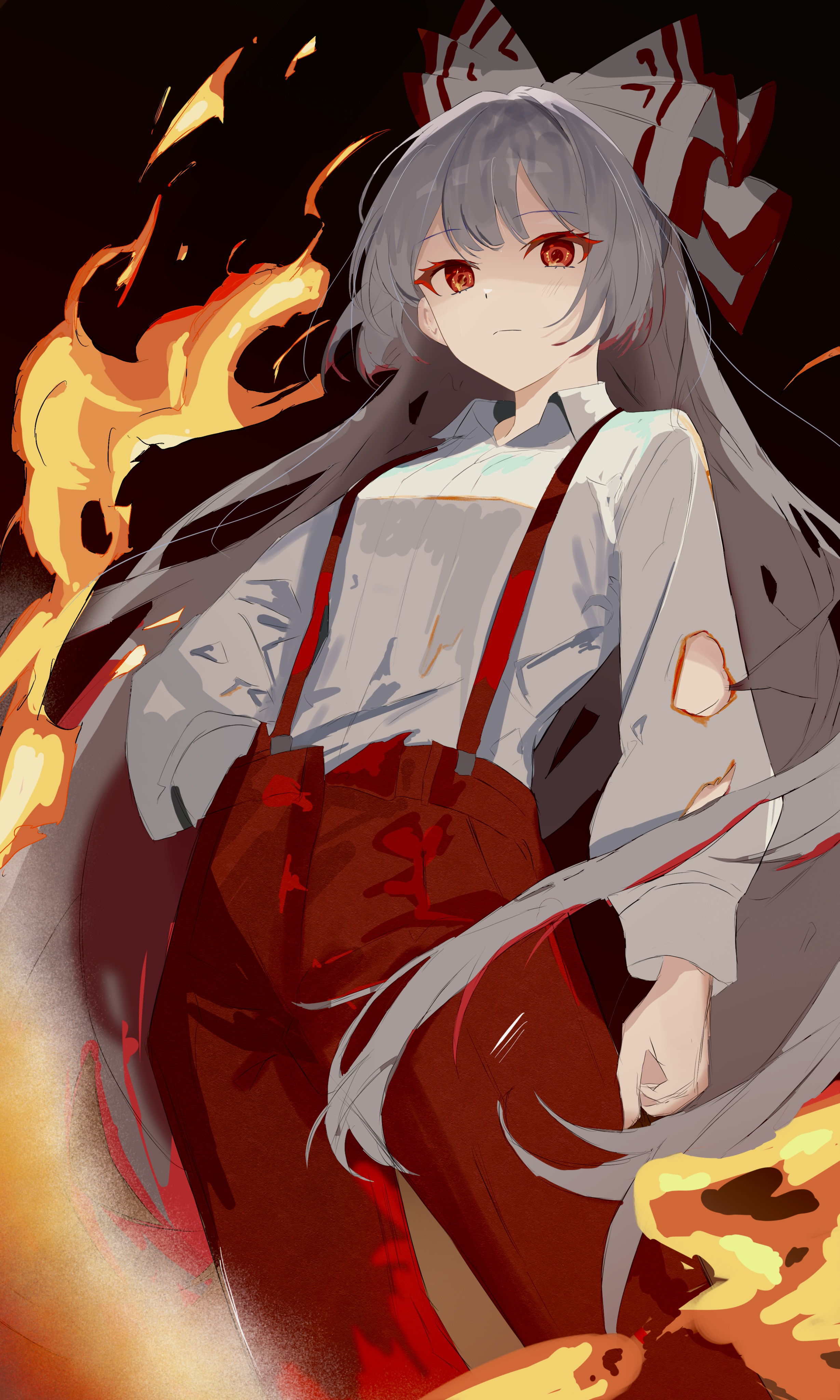 umbrella3650, fujiwara no mokou, touhou, absurdres, commentary, highres, 1girl, bow, burnt clothes, closed mouth, collared shirt, fire, grey hair, hair bow, hand in pocket, long hair, long sleeves, looking at viewer, pants, pyrokinesis, red eyes, red pants, shaded face, shirt, solo, suspenders, very long hair, white shirt