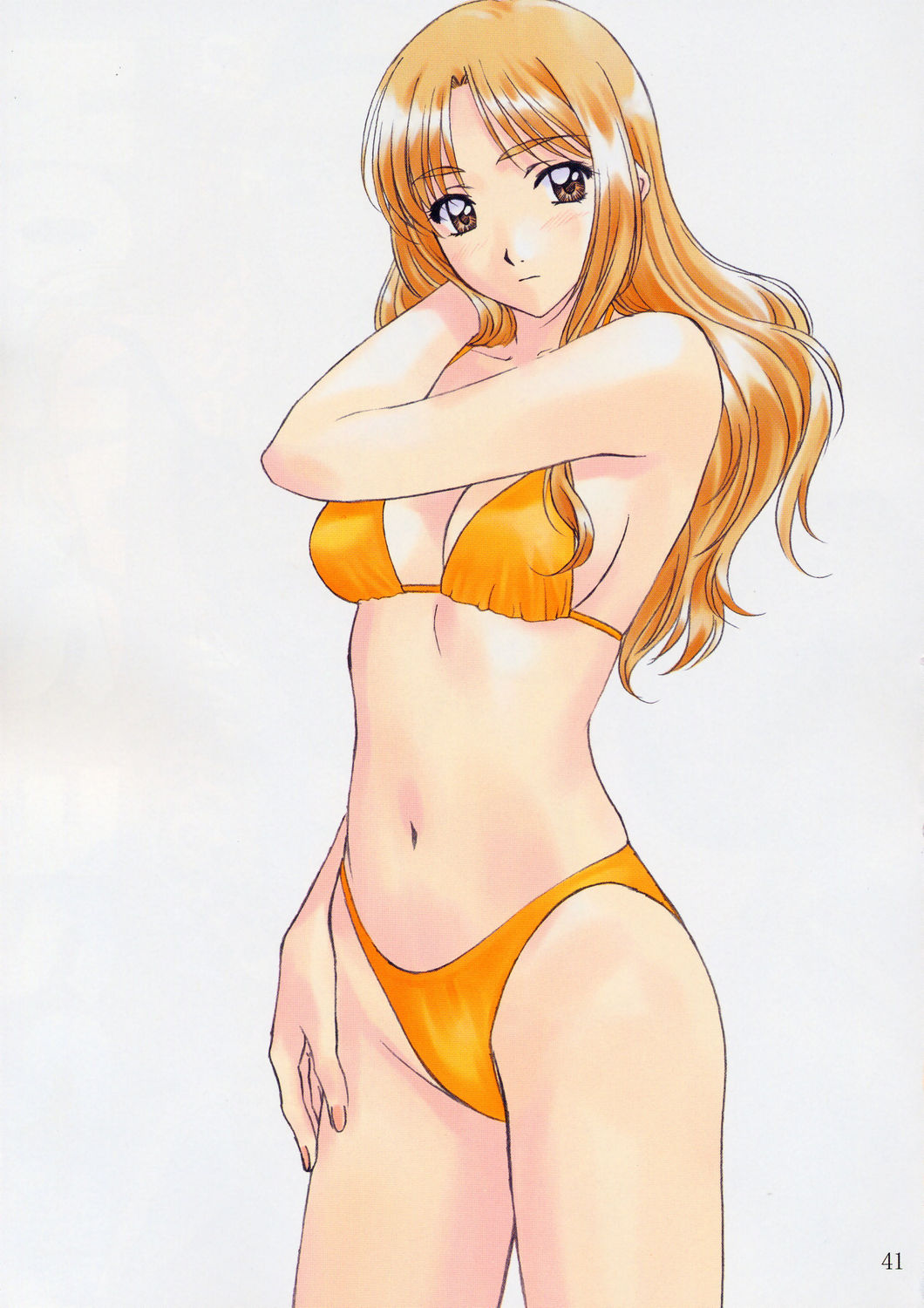 polorinken, endou akira, sentimental graffiti, highres, scan, 1990s (style), 1girl, adjusting hair, bikini, blonde hair, brown eyes, cowboy shot, female focus, hand on own hip, long hair, orange bikini, retro artstyle, simple background, solo, swimsuit, white background