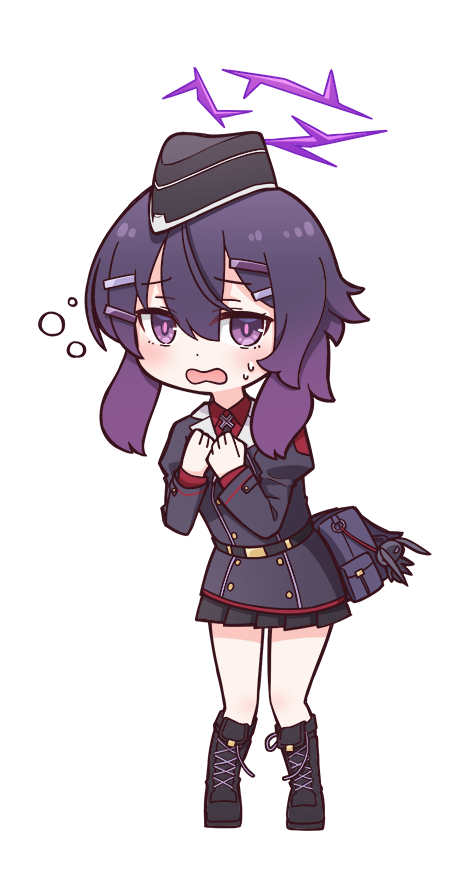 harada (sansei rain), haruka (blue archive), blue archive, commentary request, 1girl, black skirt, boots, full body, garrison cap, hair between eyes, hair ornament, hairclip, halo, hat, juliet sleeves, long sleeves, pleated skirt, puffy sleeves, purple eyes, purple hair, red shirt, shirt, simple background, skirt, solo, white background