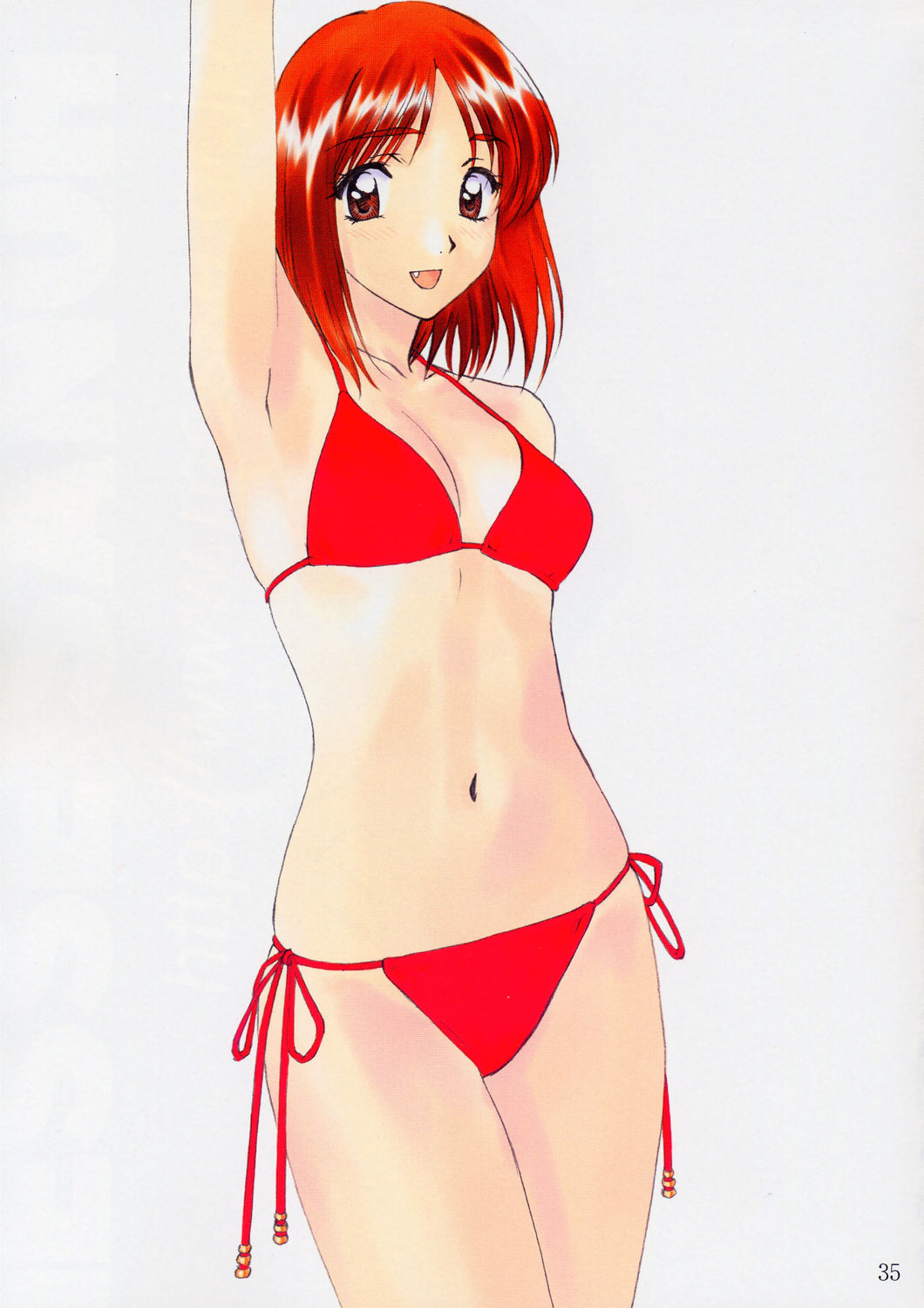 polorinken, highres, tagme, 1girl, bikini, fang, female focus, navel, red hair, side-tie bikini bottom, solo, swimsuit