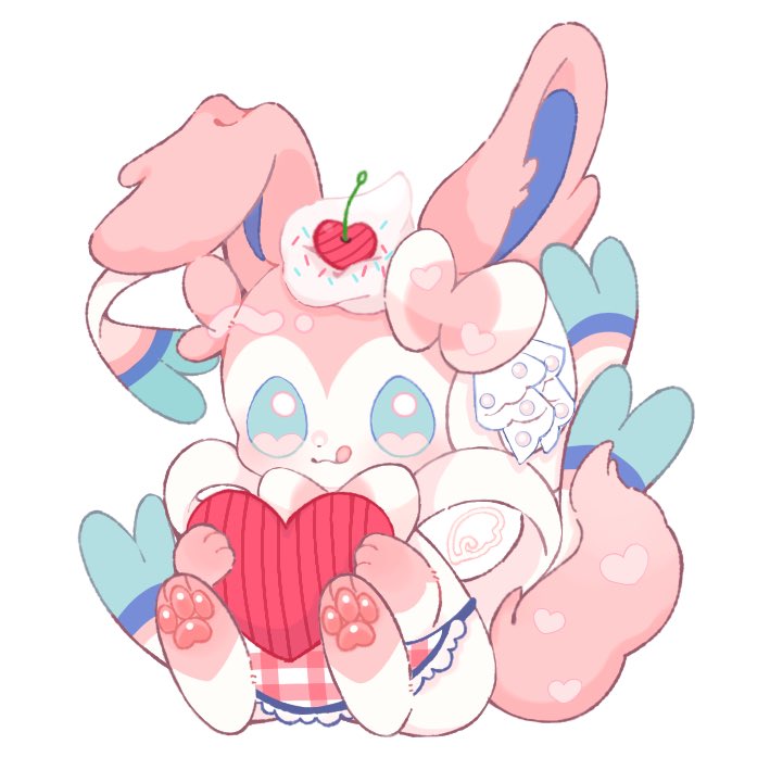 maaari pkmn, sylveon, nintendo, pokemon, commentary request, animal focus, apron, blue eyes, blush, bow, cherry, food, frills, fruit, gen 6 pokemon, heart, no humans, pokemon (creature), pokemon focus, simple background, smile, solo, sprinkles, tongue, tongue out, whipped cream, white background