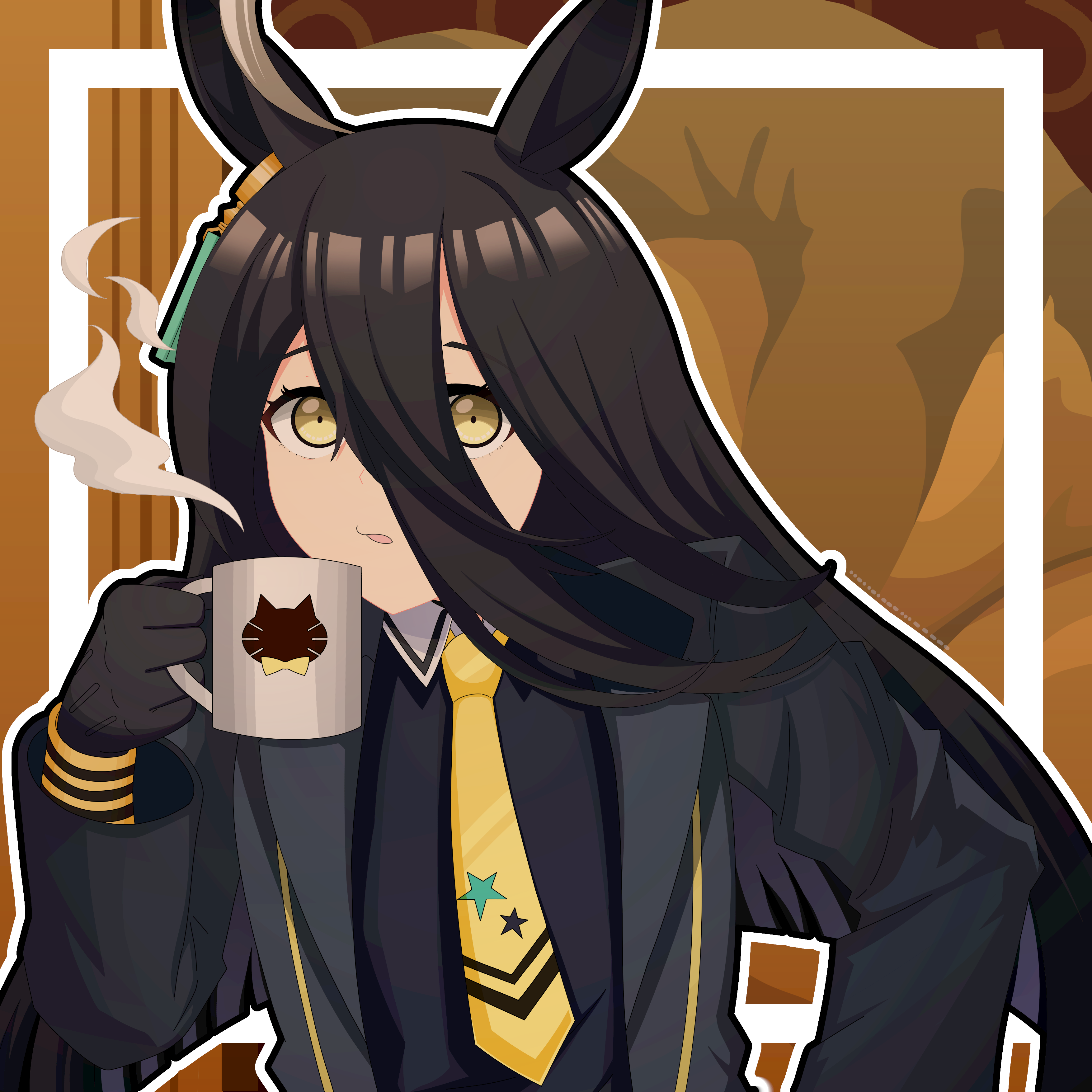 frostto, manhattan cafe (umamusume), umamusume, absurdres, highres, 1girl, animal ears, animal print, black choker, black gloves, black hair, black shirt, cat print, choker, coat, contrast collar, cup, ear ornament, ear tag, earrings, gloves, hair between eyes, holding, holding cup, horse ears, horse girl, jewelry, long bangs, long hair, long hair between eyes, long sleeves, mug, open clothes, open coat, parted lips, shirt, single earring, solo, steam, very long hair, yellow eyes