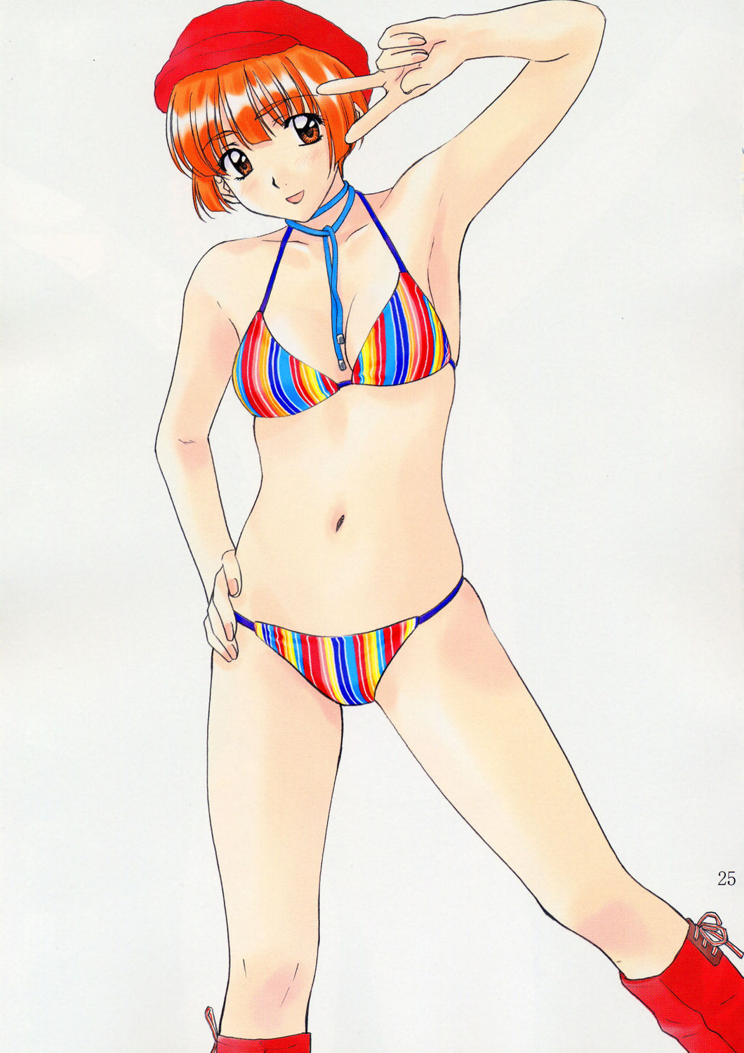 polorinken, highres, tagme, 1girl, bikini, female focus, hat, multicolored bikini, red hair, solo, swimsuit