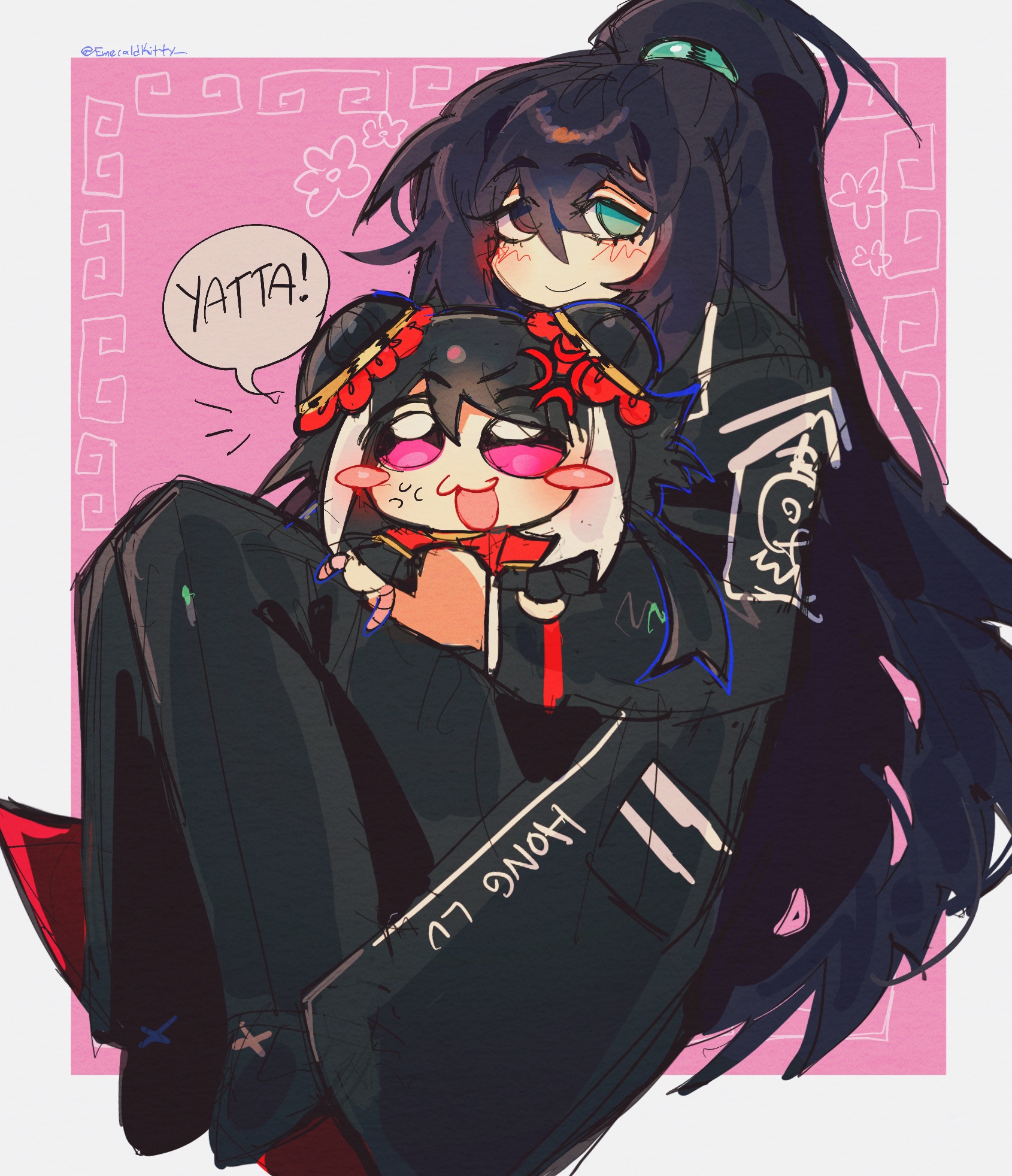 emerald kitty, hong lu (project moon), jia xichun (project moon), limbus company, project moon, highres, 1boy, anger vein, black coat, black eyes, black hair, black pants, black shoes, blue eyes, blush stickers, border, character doll, coat, collared shirt, doll, double bun, full body, hair bun, heterochromia, high ponytail, long hair, long sleeves, looking at viewer, male focus, pants, pink background, pink eyes, ponytail, shirt, shoes, simple background, sitting, smile, solo, very long hair, white border