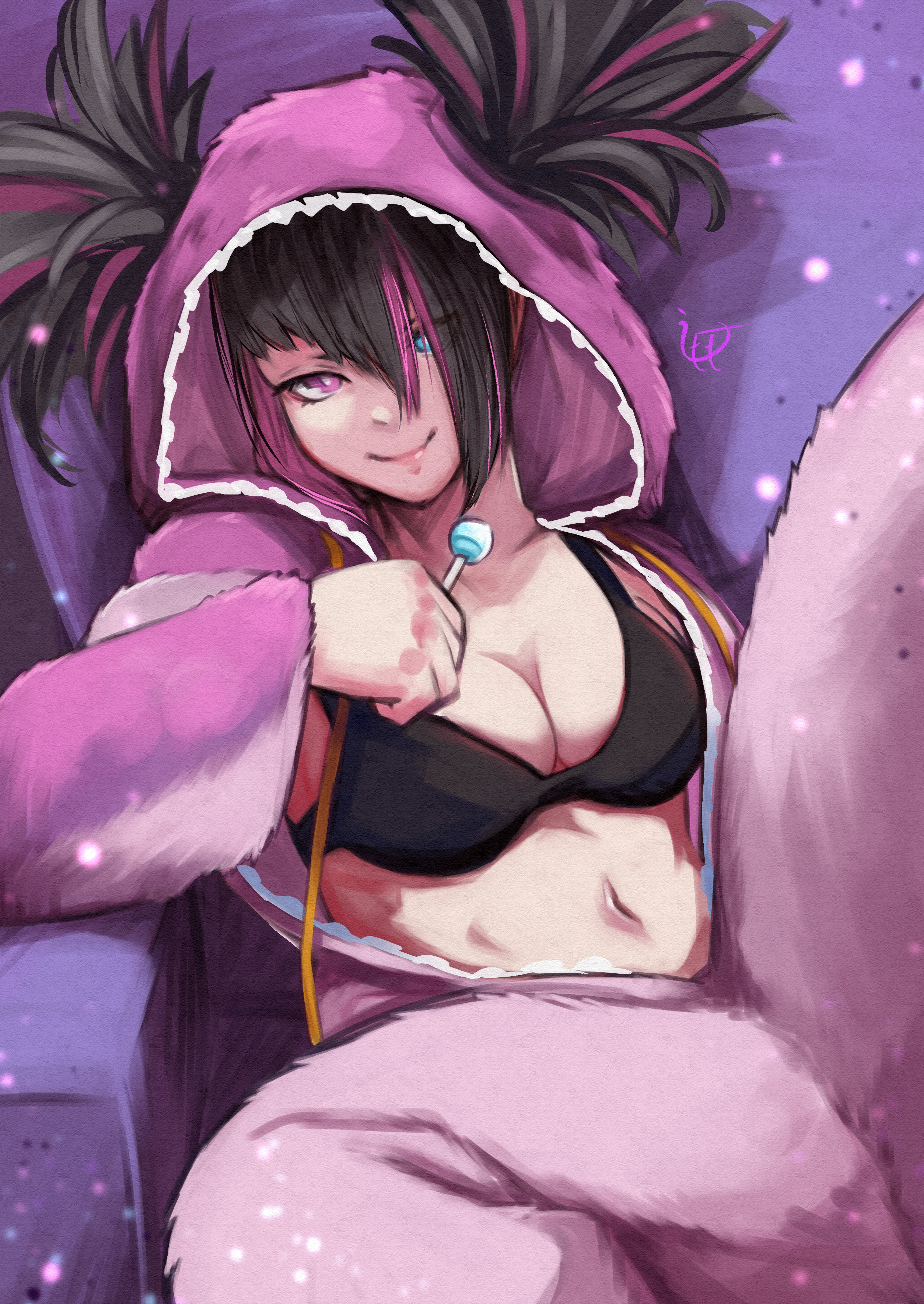 momo juice, han juri, street fighter, street fighter 6, absurdres, highres, 1girl, black bra, black hair, blue eyes, bra, breasts, candy, cleavage, closed mouth, food, heterochromia, holding, holding candy, holding food, holding lollipop, hood, hood up, hoodie, lollipop, long sleeves, looking at viewer, multicolored hair, navel, pink eyes, pink hair, pink hood, smile, solo, two-tone hair, underwear