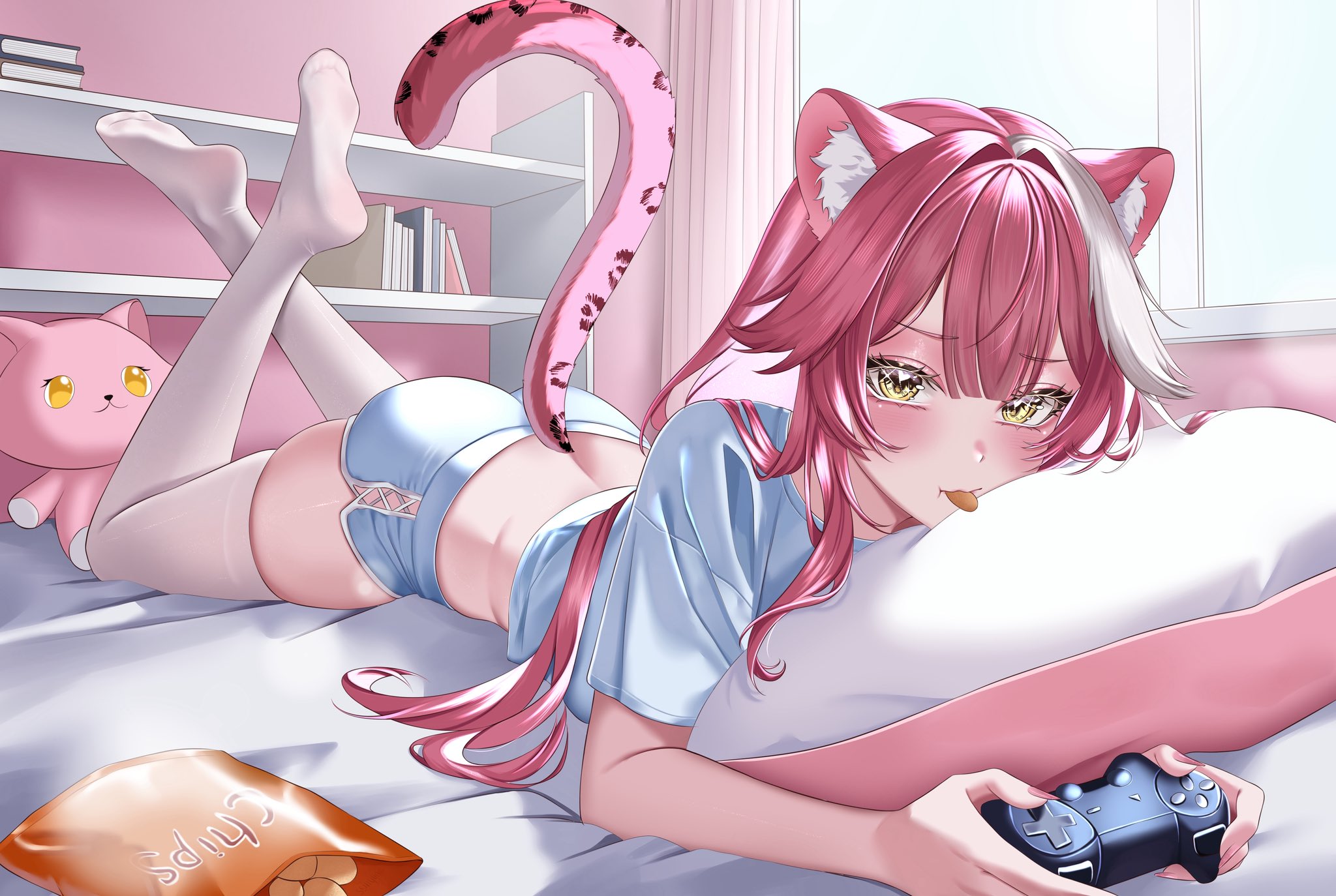 raora panthera, hololive, hololive english, commentary, highres, 1girl, alternate costume, animal ear fluff, animal ears, bag of chips, bed, bed sheet, blue shirt, blue shorts, blush, chips (food), controller, eating, fingernails, food, food in mouth, game controller, heart, heart-shaped pupils, holding, holding controller, holding game controller, indoors, long fingernails, long hair, looking at viewer, lying, multicolored hair, nail polish, no shoes, on bed, on stomach, panther ears, panther girl, panther tail, pillow, pink hair, pink nails, shirt, shorts, skindentation, solo, ssiiiyyaa, streaked hair, symbol-shaped pupils, tail, thighhighs, white hair, white thighhighs, yellow eyes