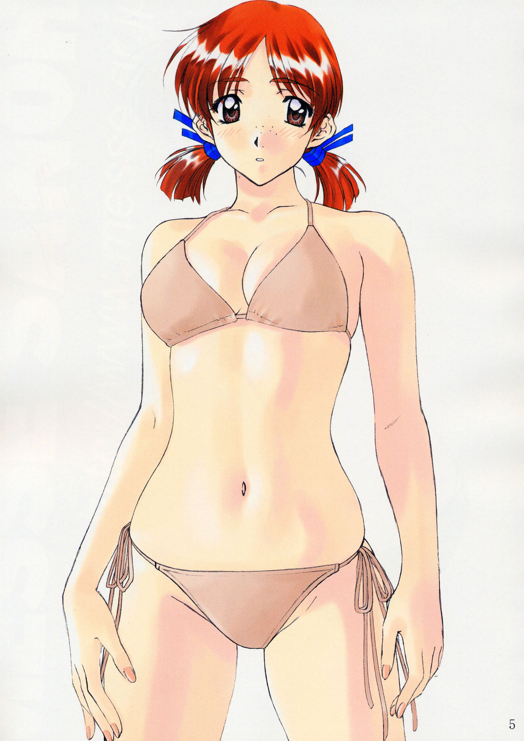 polorinken, adachi taeko, sentimental graffiti, highres, 1990s (style), 1girl, bikini, brown bikini, brown eyes, cowboy shot, female focus, freckles, halterneck, red hair, retro artstyle, short hair, short twintails, side-tie bikini bottom, simple background, solo, swimsuit, twintails, white background