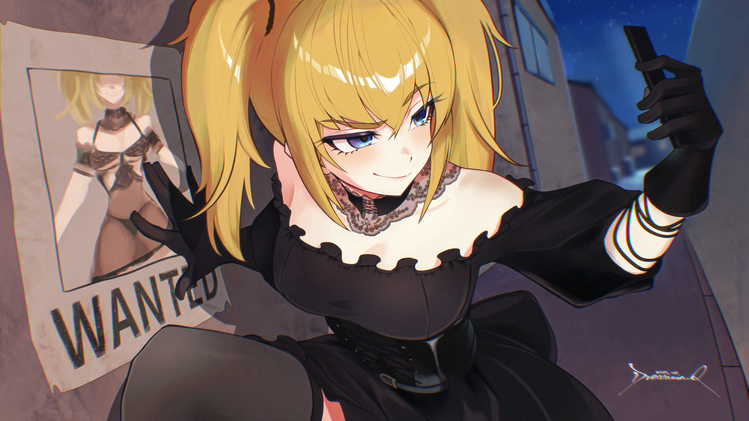 dreamoon-q, ani (xai), xai (company), highres, 1girl, black corset, black dress, black gloves, black thighhighs, blonde hair, blue eyes, cellphone, choker, closed mouth, corset, dress, gloves, hair between eyes, holding, holding phone, lace-trimmed choker, lace trim, phone, puffy short sleeves, puffy sleeves, short sleeves, signature, smartphone, smile, solo, taking picture, thighhighs, twintails, wanted poster