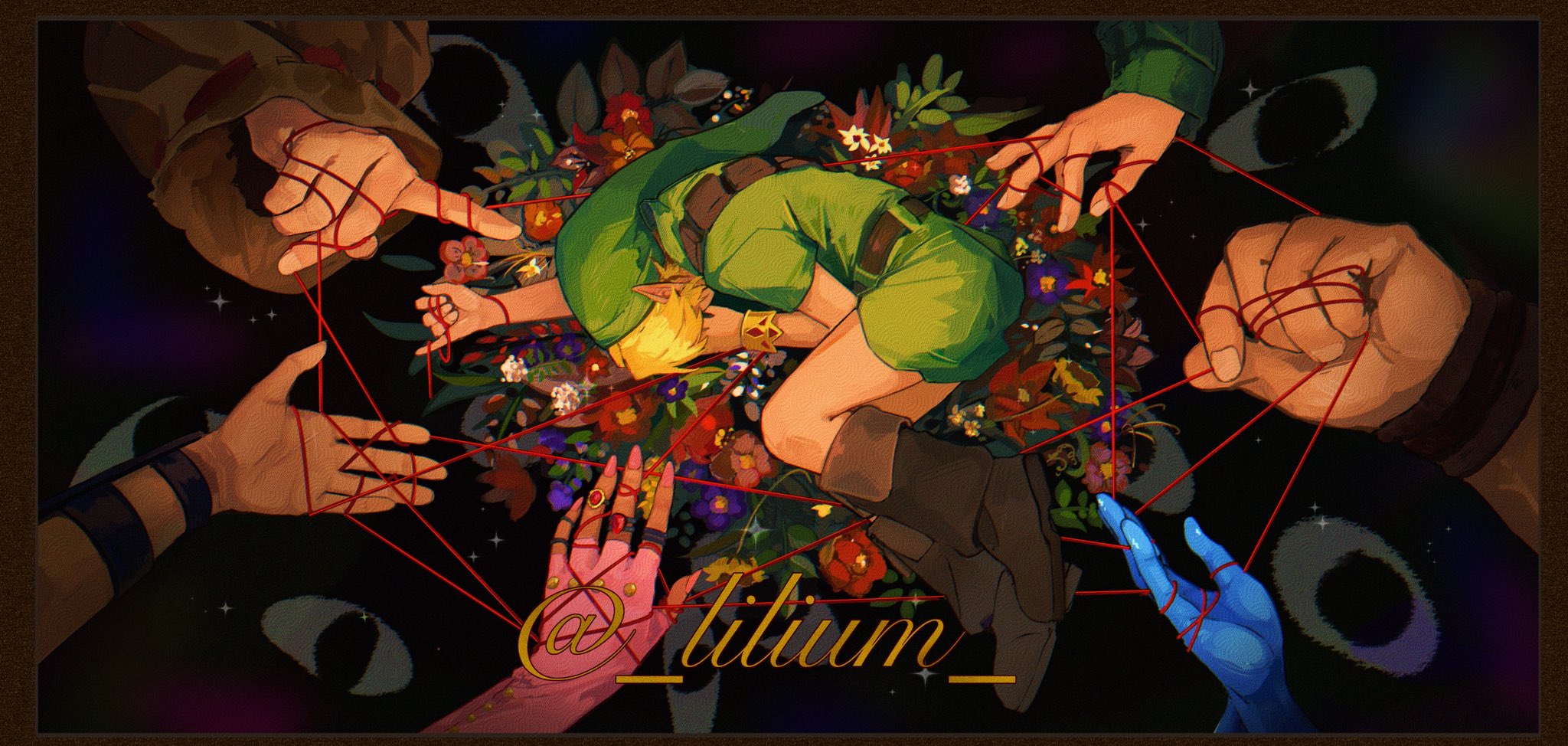 lilium815719, darunia, impa, link, nabooru, princess ruto, rauru (ocarina of time), saria (zelda), young link, nintendo, the legend of zelda, the legend of zelda: ocarina of time, 3boys, 4girls, belt, blonde hair, boots, bracelet, bridal gauntlets, covering own eyes, fetal position, flower, gauntlets, goron, hat, jewelry, long sleeves, lying, multiple boys, multiple girls, on side, outstretched arm, pinky out, red string, ring, robe, solo focus, string, tunic, zora