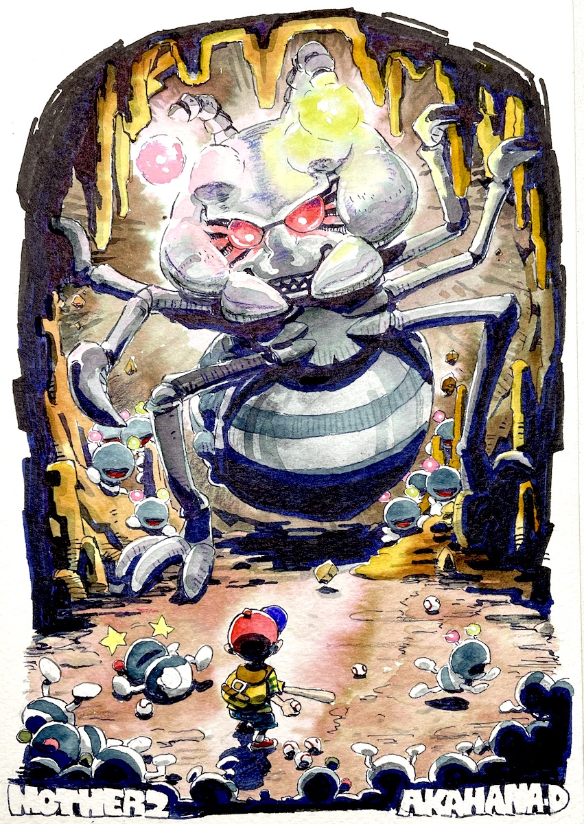 akahanadragon, black antoid, ness (mother 2), titanic ant (mother), mother (series), mother 2, nintendo, 1boy, ant, antennae, backpack, bag, baseball, baseball bat, baseball cap, bug, cave interior, copyright name, fighting, glowing, glowing eyes, hat, insect, monster, red eyes, shirt, shoes, shorts, sneakers, striped clothes, striped shirt, unconscious
