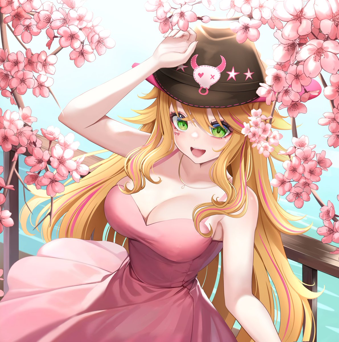 lulu lasso, indie virtual youtuber, 1girl, biyo art, blonde hair, breasts, cleavage, dress, flower, green eyes, medium breasts, solo, virtual youtuber