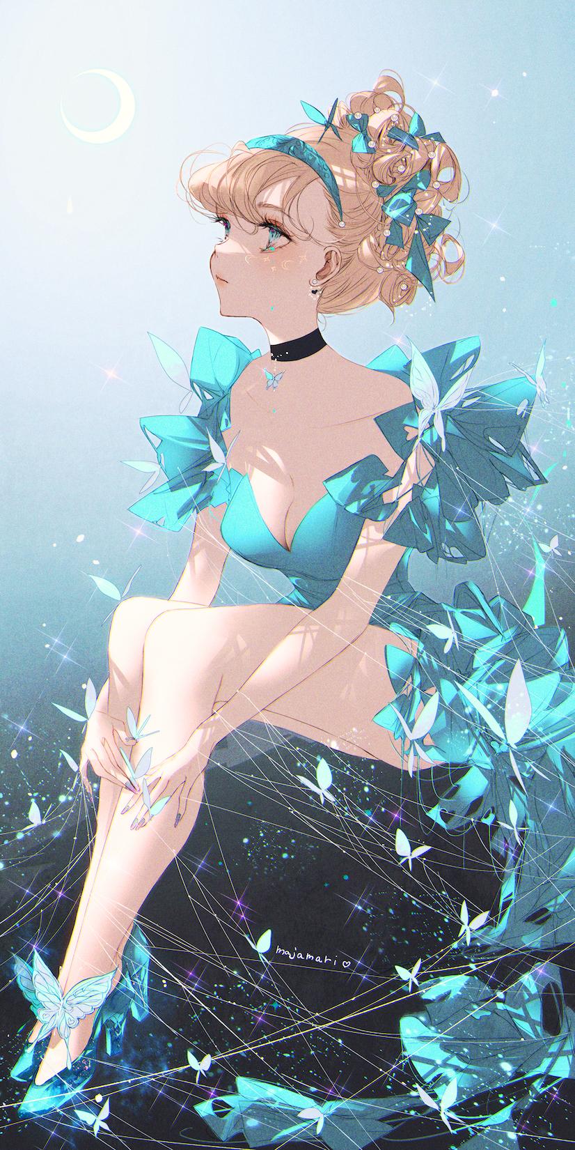 majamari, cinderella (disney character), cinderella (fairy tale character), cinderella (disney movie), cinderella (fairy tale), check copyright, copyright request, highres, 1girl, animification, blonde hair, blue dress, blue eyes, breasts, bug, butterfly, choker, dress, earrings, full body, hair bun, hairband, insect, jewelry, princess, short hair, smile, solo