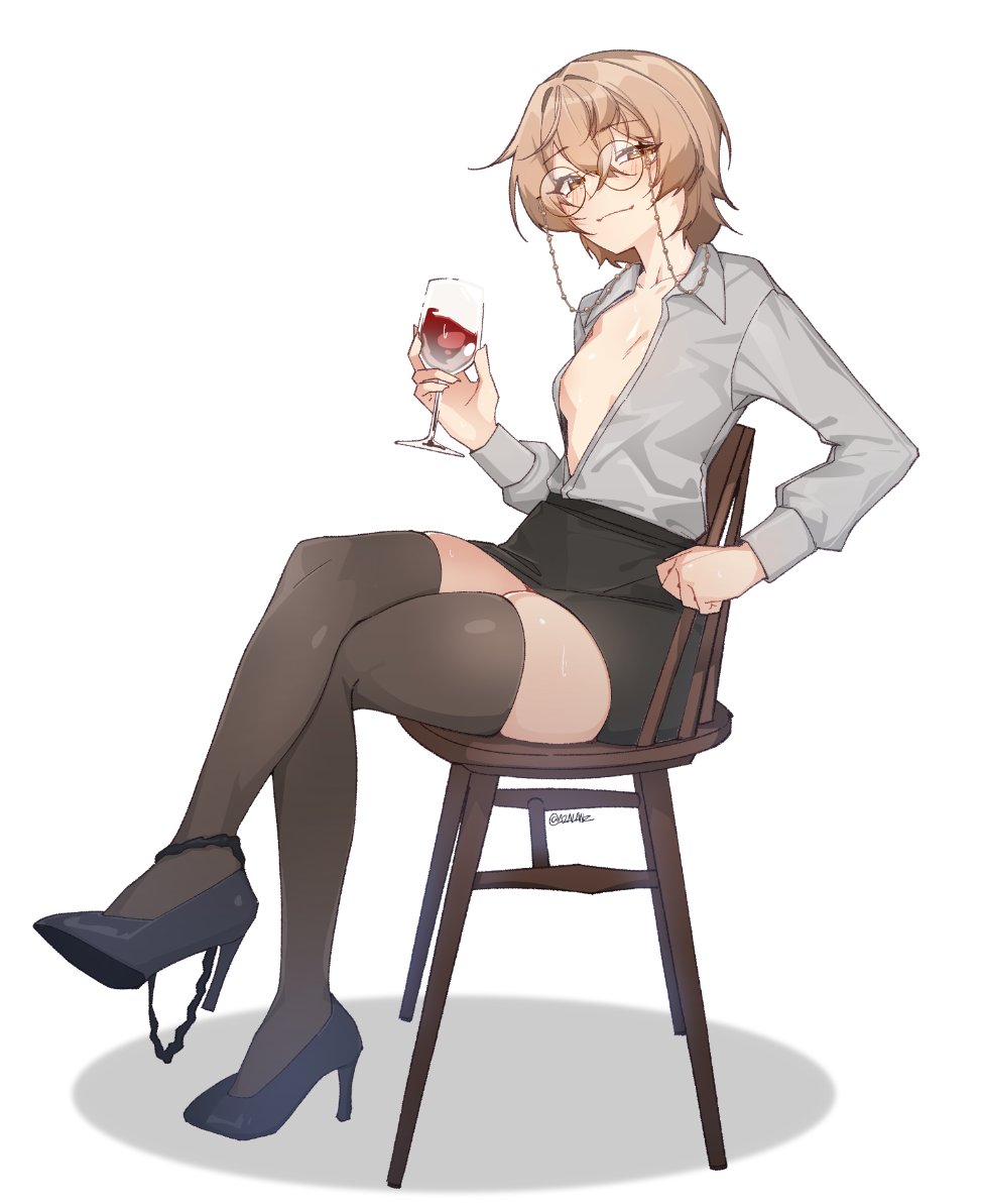 tilt-shift (azalanz), clio aite, phase connect, commentary, commission, english commentary, 1girl, artist name, black panties, black shoes, black skirt, black thighhighs, blush, breasts, brown eyes, brown hair, chair, collarbone, crossed legs, cup, drinking glass, eyewear strap, full body, glasses, grey shirt, high heels, holding, holding cup, long sleeves, looking at viewer, no bra, on chair, open clothes, open shirt, panties, panties around leg, pencil skirt, round eyewear, shirt, shoes, short hair, simple background, sitting, skirt, small breasts, smile, solo, thighhighs, twitter username, underwear, virtual youtuber, white background, wine glass, zettai ryouiki