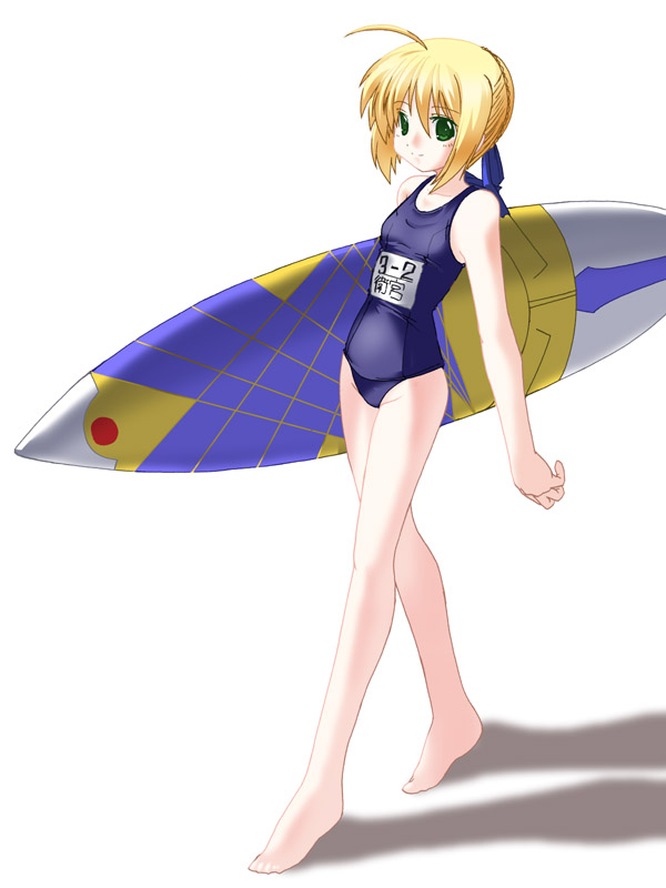 artoria pendragon (fate), saber (fate), fate/stay night, fate (series), artist request, 00s, 1girl, ahoge, barefoot, blonde hair, blue one-piece swimsuit, blue ribbon, blue school swimsuit, blush, braid, breasts, collarbone, crown braid, green eyes, hair ribbon, holding, holding surfboard, looking at viewer, name tag, one-piece swimsuit, ribbon, school swimsuit, short hair, small breasts, smile, standing, surfboard, swimsuit, walking, white background
