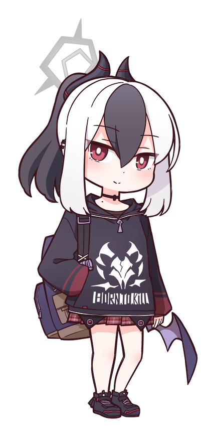 harada (sansei rain), kayoko (blue archive), blue archive, commentary request, 1girl, backpack, bag, black hair, closed mouth, full body, hair between eyes, halo, hood, horns, long sleeves, multicolored hair, pleated skirt, ponytail, red eyes, shoes, simple background, skirt, solo, white background, white hair, wings