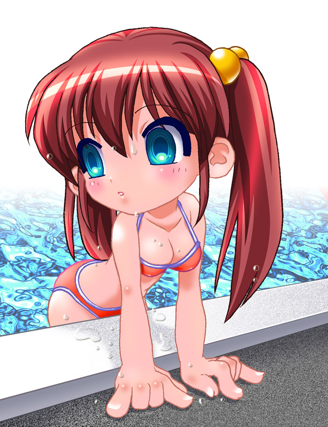 jimakku (zimac), character request, copyright request, 1girl, arm support, bikini, blue eyes, blush, breasts, chibi, cleavage, collarbone, hair bobbles, hair ornament, long hair, looking to the side, medium breasts, parted lips, pink bikini, pool, red hair, standing, swimsuit, teeth, twintails, wading, water, wet
