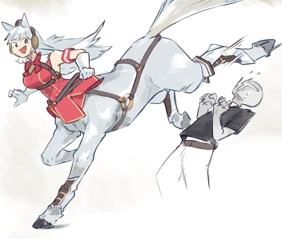 old-night, gold ship (umamusume), t-head trainer (umamusume), trainer (umamusume), umamusume, chinese commentary, commentary request, 1boy, 1girl, animal ears, armband, bare shoulders, black shirt, bow, bowtie, breasts, bridle, brown hat, centaur, dress, ear covers, elbow gloves, full body, gloves, grey hair, hat, high kick, horse ears, horse tail, kicking, large breasts, long hair, monster girl, monsterification, open mouth, pillbox hat, red armband, red bow, red bowtie, red dress, shadow, shirt, sleeveless, sleeveless dress, smile, standing, tail, taur, white gloves