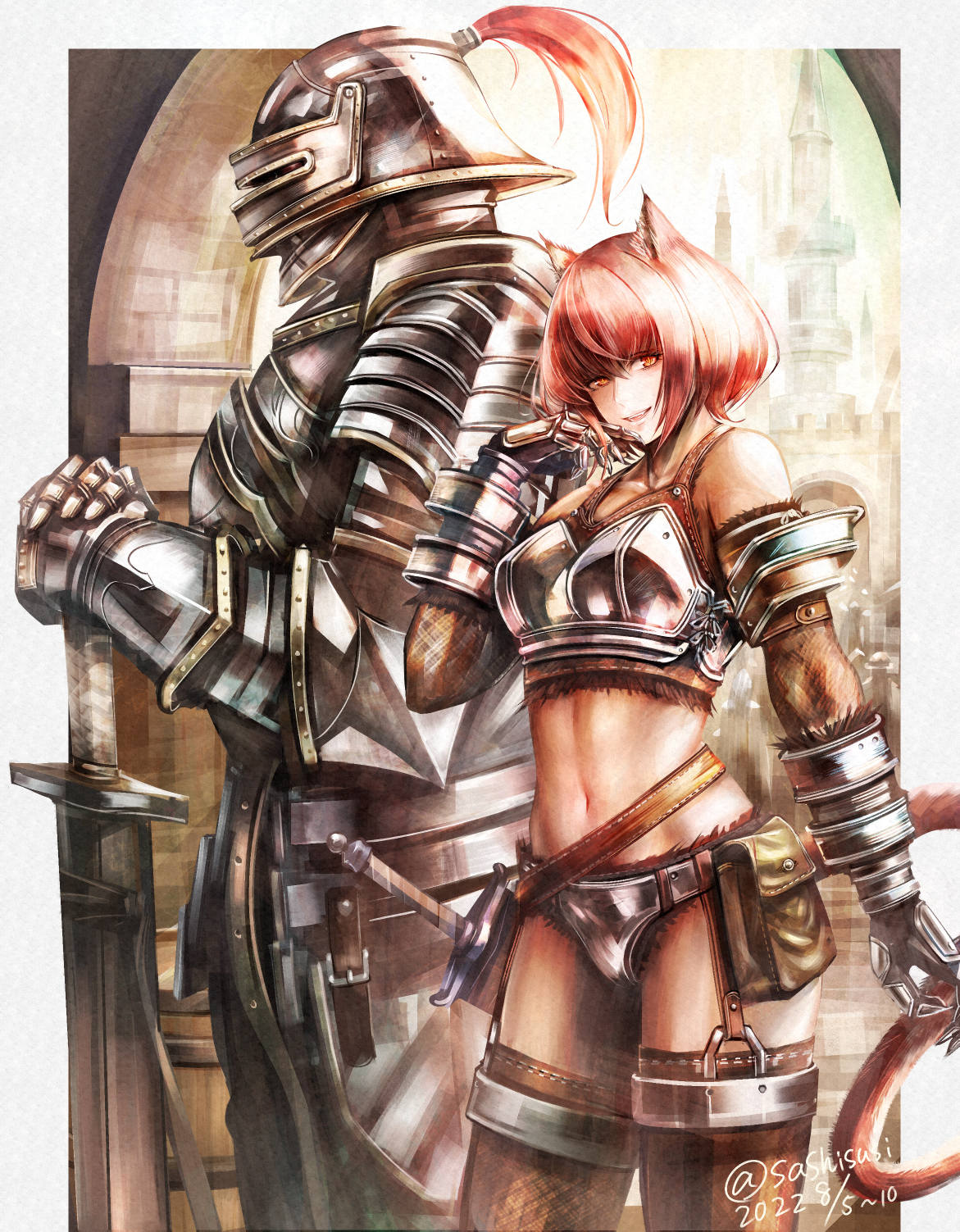 sushi (sashimise), original, highres, 1girl, 1other, animal ears, arch, armor, bare shoulders, belt, belt bag, bikini armor, bob cut, boobplate, border, breastplate, castle, cat girl, cat tail, cowboy shot, crop top, fangs, fantasy, full armor, garter straps, gauntlets, hand in own hair, hand up, helmet, inset border, knight, leather armor, leather belt, leather garter straps, midriff, navel, open mouth, orange eyes, planted, planted sword, planted weapon, plume, red plume, sheath, sheathed, short hair, slit pupils, smile, standing, sword, tail, thighhighs, visor (armor), weapon, white border