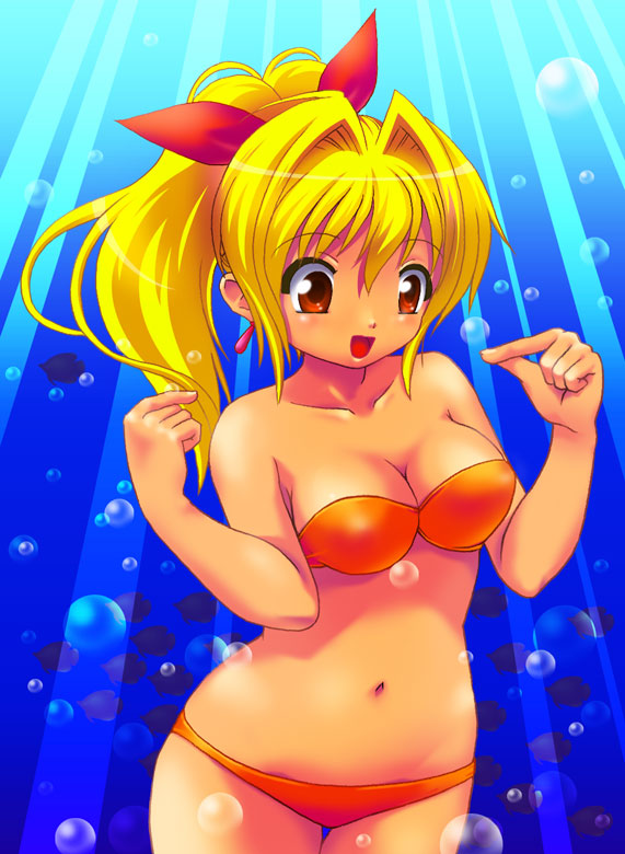 marin (umi monogatari), umi monogatari, 00s, 1girl, bikini, blonde hair, breasts, cleavage, dark-skinned female, dark skin, female focus, fish, large breasts, orange bikini, orange eyes, ponytail, solo, swimsuit, underwater