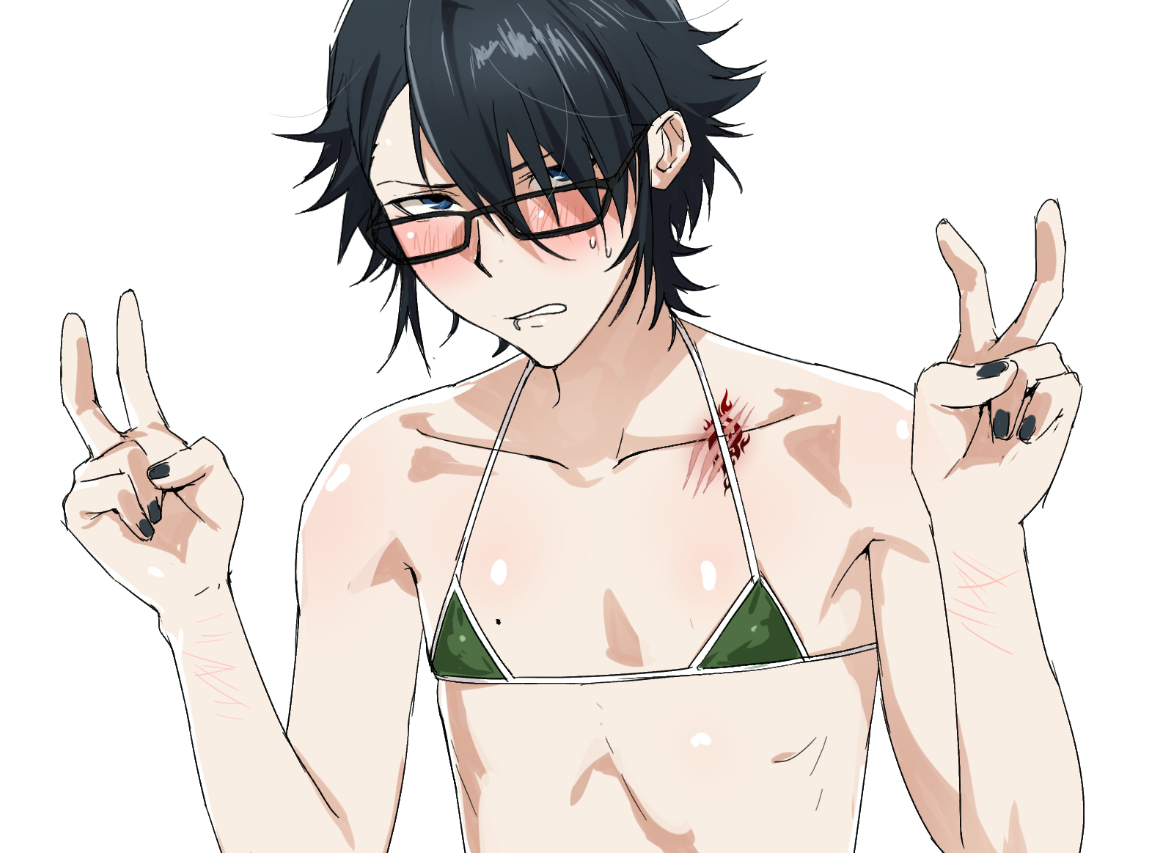 treslech3s, fushimi saruhiko, k-project, commentary, english commentary, 1boy, bikini, black-framed eyewear, black hair, black nails, blue eyes, blush, collarbone, crossdressing, crossdressing (mtf), drooling, glasses, green bikini, looking at viewer, male focus, micro bikini, mole, mole on chest, scar, scar on shoulder, self-harm scar, short hair, shoulder tattoo, simple background, skinny, solo, swimsuit, tattoo, teeth, upper body, v, white background