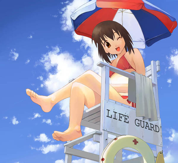 artist request, character request, copyright request, 1girl, barefoot, beach umbrella, bikini, breasts, brown eyes, brown hair, chair, cleavage, cloud, cross, crossed legs, lifebuoy, lifeguard, lifeguard chair, looking at viewer, medium breasts, one eye closed, open mouth, red bikini, red cross, short hair, side-tie bikini bottom, sitting, sky, smile, swim ring, swimsuit, towel, umbrella, wink