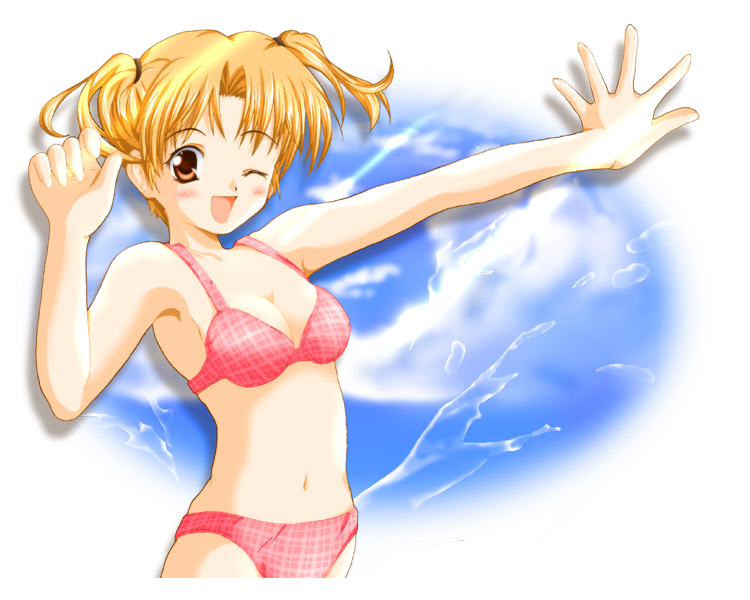 artist request, character request, copyright request, 1girl, bikini, blonde hair, blush, breasts, brown eyes, cleavage, cloud, collarbone, looking at viewer, medium breasts, navel, one eye closed, open mouth, pink bikini, plaid bikini, plaid clothes, short hair, sky, smile, splashing, standing, swimsuit, twintails, water, wink