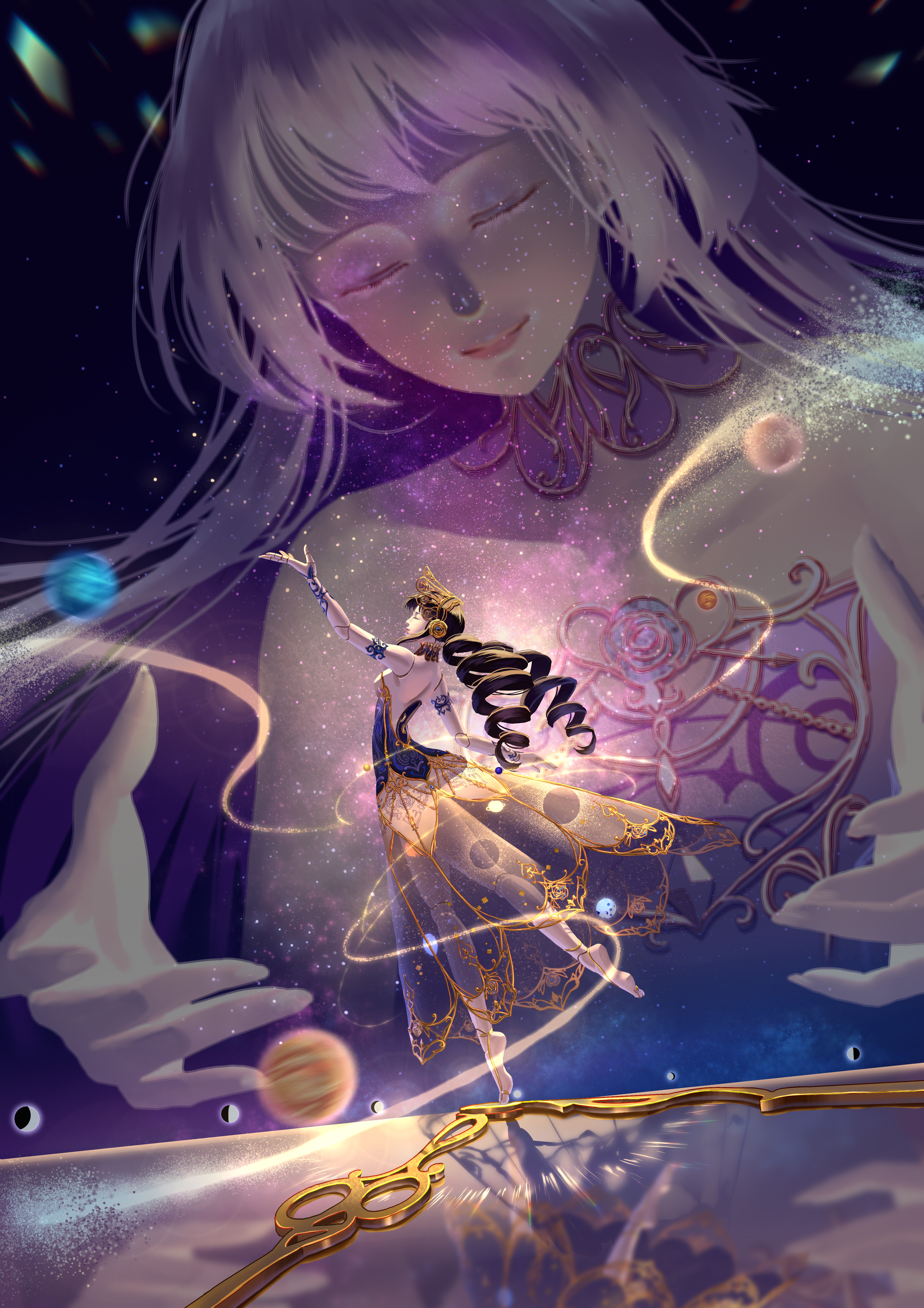 nikki (series), shining nikki, absurdres, highres, 2girls, aqunaqunyingfen, armband, barefoot sandals (jewelry), black armband, black dress, black hair, blackcat and cosmic poem (shining nikki), bonnet, closed mouth, dancing, dress, drill hair, dual persona, eclipse, eyeshadow, from side, giant, giantess, happy, jupiter (planet), lace, lace armband, light particles, lipstick, lolita fashion, long dress, long hair, makeup, multiple girls, official alternate color, outstretched arm, pink dress, pink hair, pink lips, purple eyeshadow, realistic, see-through clothes, see-through dress, size difference, smile, space, strapless, strapless dress, toes, twin drills, very long hair, yellow bonnet