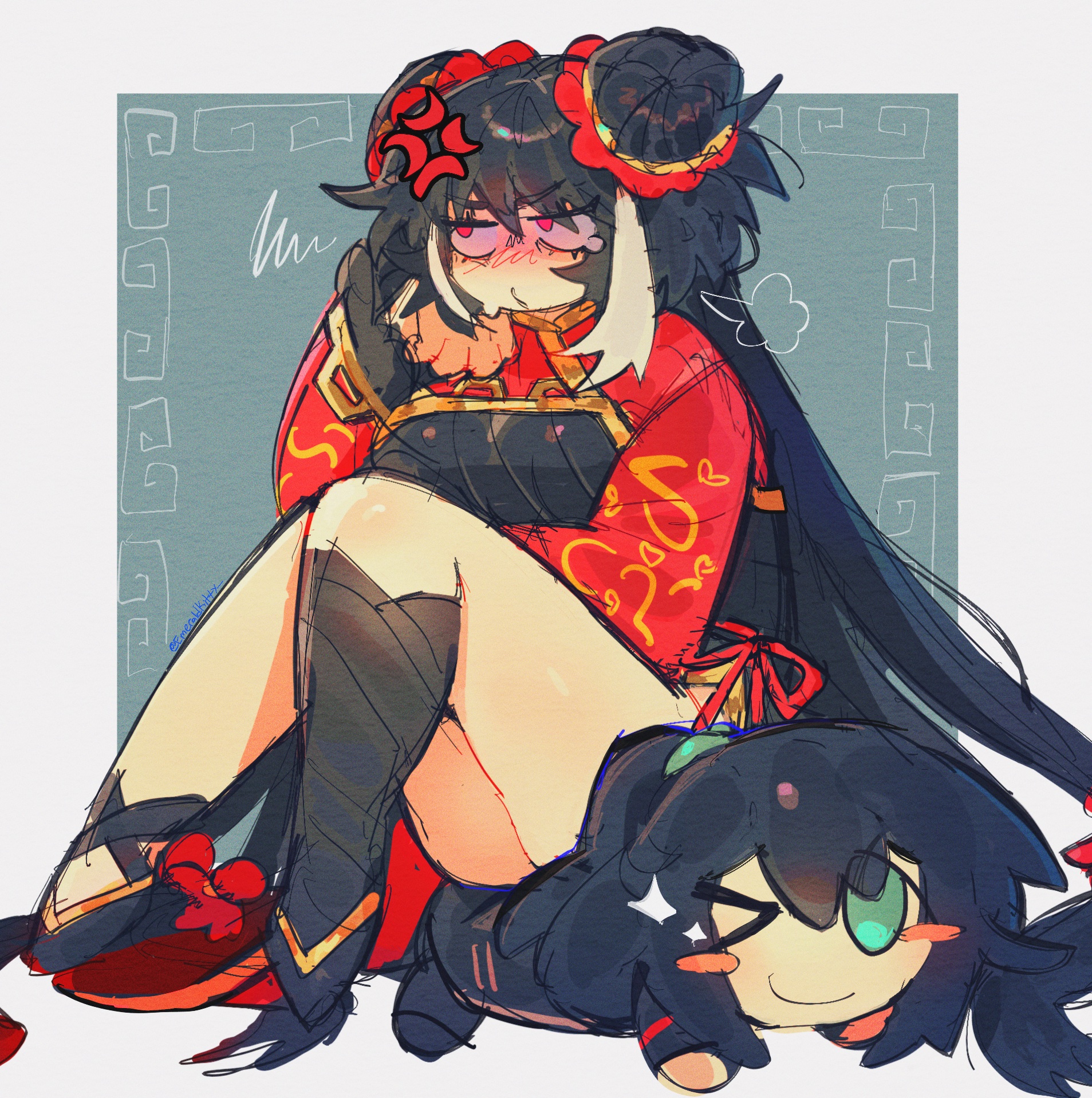 emerald kitty, hong lu (project moon), jia xichun (project moon), limbus company, project moon, highres, > o, 1girl, anger vein, aqua eyes, black dress, black hair, black shoes, blush stickers, border, breasts, character doll, chinese clothes, doll, double bun, dress, full body, grey background, hair bun, long hair, long sleeves, looking at viewer, multicolored hair, one eye closed, pink eyes, ponytail, red shrug, shoes, simple background, sitting, solo, streaked hair, thighs, twintails, white border