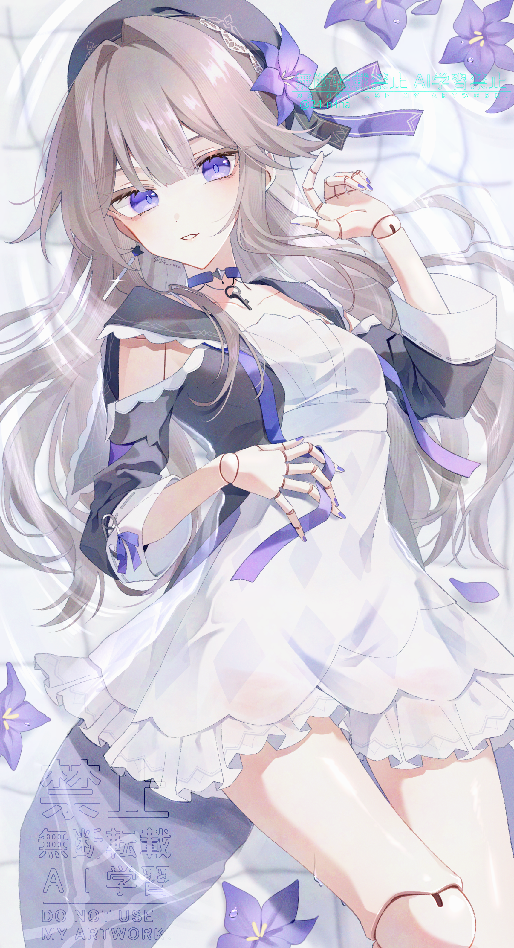 jujube 2513, herta (honkai: star rail), herta (puppet) (honkai: star rail), honkai: star rail, honkai (series), absurdres, commentary, highres, 1girl, beret, black coat, black hat, breasts, brown hair, choker, clothing cutout, coat, doll joints, dress, flower, hat, hat flower, jewelry, joints, key, key necklace, long hair, looking at viewer, lying, necklace, on back, purple choker, purple eyes, purple flower, purple nails, shoulder cutout, solo, twitter username, white dress