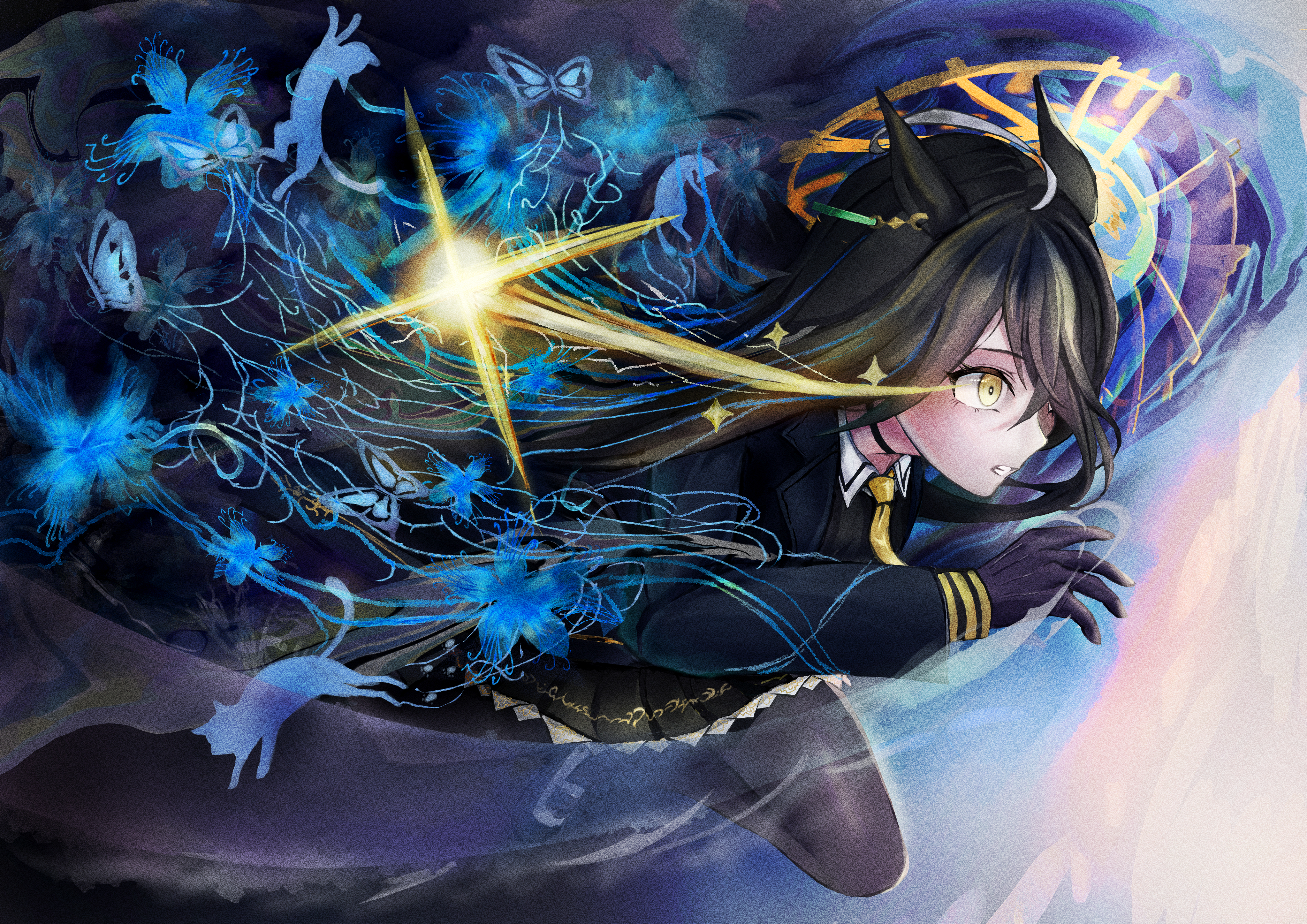 masasan, manhattan cafe (umamusume), umamusume, absurdres, highres, 1girl, ahoge, animal ears, black choker, black coat, black gloves, black pantyhose, black shirt, black shoes, black skirt, choker, coat, collared shirt, contrast collar, ear ornament, ear tag, earrings, eye trail, gloves, hair over one eye, horse ears, horse girl, jewelry, light trail, long bangs, long sleeves, multicolored hair, necktie, pantyhose, pleated skirt, running, shirt, shoes, single earring, skirt, solo, white hair, yellow eyes, yellow necktie