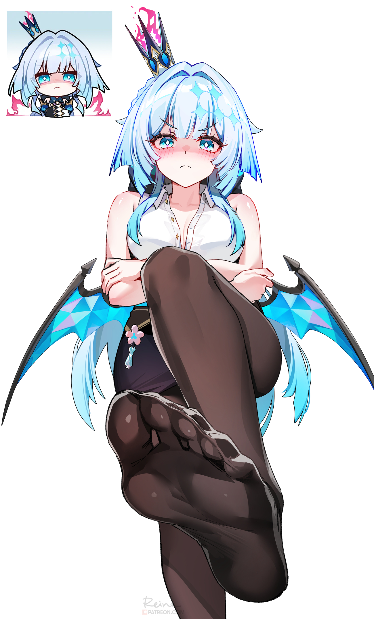 foxyreine, cerydra (honkai: star rail), honkai: star rail, honkai (series), highres, 1girl, alternate costume, arms under breasts, bare shoulders, black pantyhose, black skirt, blue eyes, blue hair, blush, breasts, cleavage, closed mouth, collarbone, collared shirt, crossed arms, crown, diamond-shaped pupils, diamond (shape), feet, foot focus, foot out of frame, frown, hair intakes, honkai: star rail sticker redraw (meme), long hair, looking at viewer, low wings, medium breasts, meme, no shoes, official art inset, pantyhose, partially shaded face, shirt, signature, skirt, sleeveless, sleeveless shirt, solo, symbol-shaped pupils, toe seam, toes, unbuttoned, v-shaped eyebrows, very long hair, watermark, web address, white shirt, wings