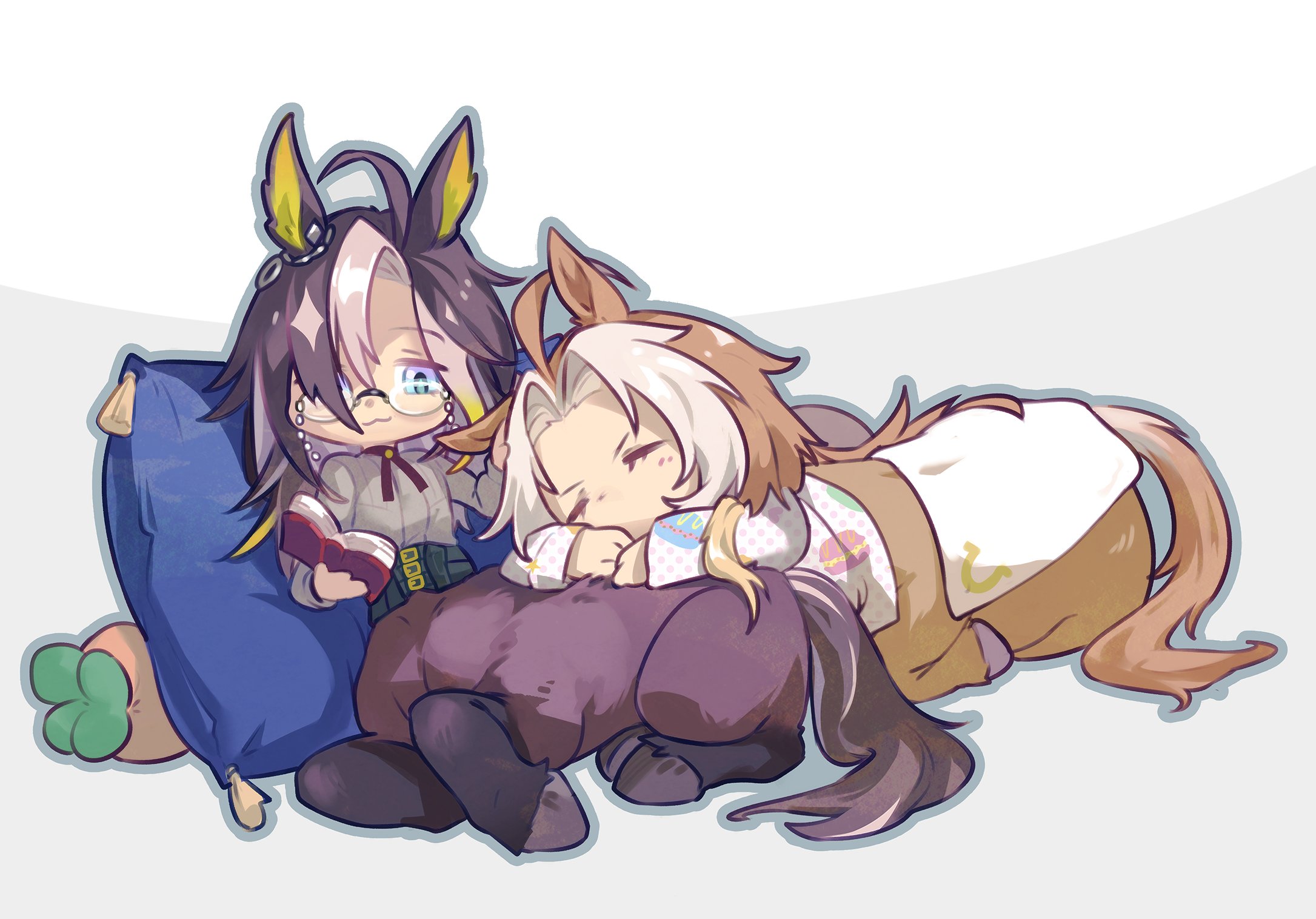 old-night, dream journey (umamusume), orfevre (umamusume), umamusume, commentary, highres, 2girls, :3, ahoge, animal ears, black hair, blanket, blonde hair, blue eyes, bolo tie, book, brown hair, carrot-shaped pillow, centaur, closed mouth, ear ornament, eyewear strap, full body, glasses, gradient hair, grey shirt, hair between eyes, hair intakes, hair over one eye, holding, holding book, horse ears, horse tail, long hair, long sleeves, lying, monster girl, monsterification, multicolored hair, multiple girls, multiple legs, on side, orange hair, pajamas, parted bangs, pillow, reading, red ribbon, ribbon, shadow, shirt, siblings, sidelocks, sisters, sleeping, smile, tail, taur, two-tone hair, white hair