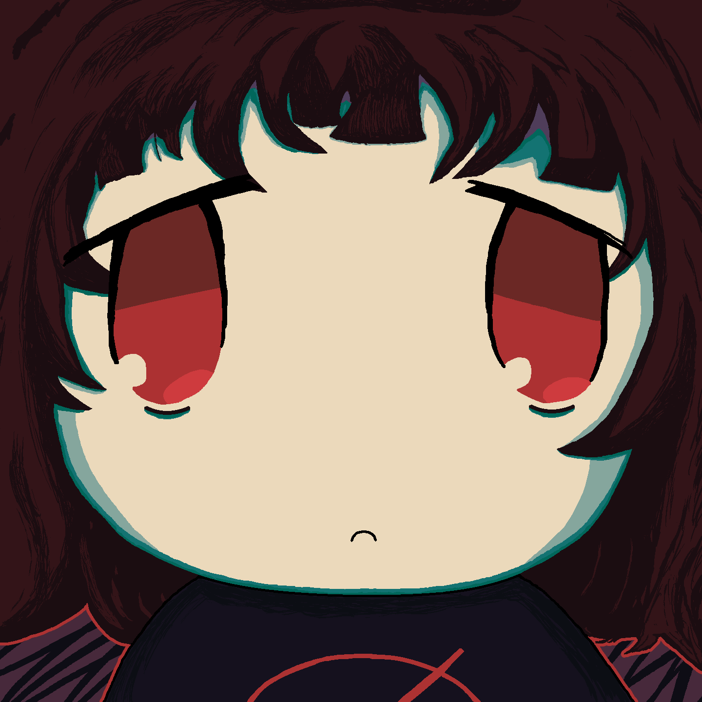 milk-chan (milk series), milk inside a bag of milk inside a bag of milk, highres, 1girl, bags under eyes, black sweater, closed mouth, looking at viewer, messy hair, outline, red eyes, red outline, shoesukey0, solo, straight-on, sweater, twitter username, upper body